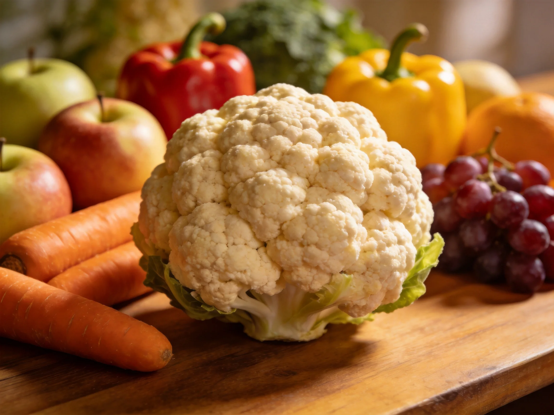 Fresh produce arrangement with cauliflower, apples, bell peppers, grapes, and carrots
