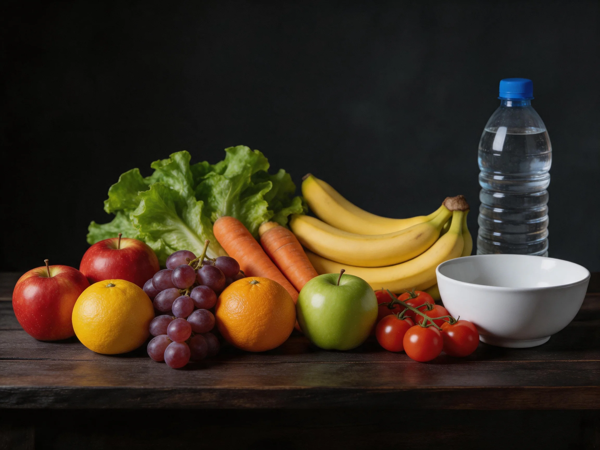 Fresh produce arrangement with fruits, veggies, water bottle, and bowl