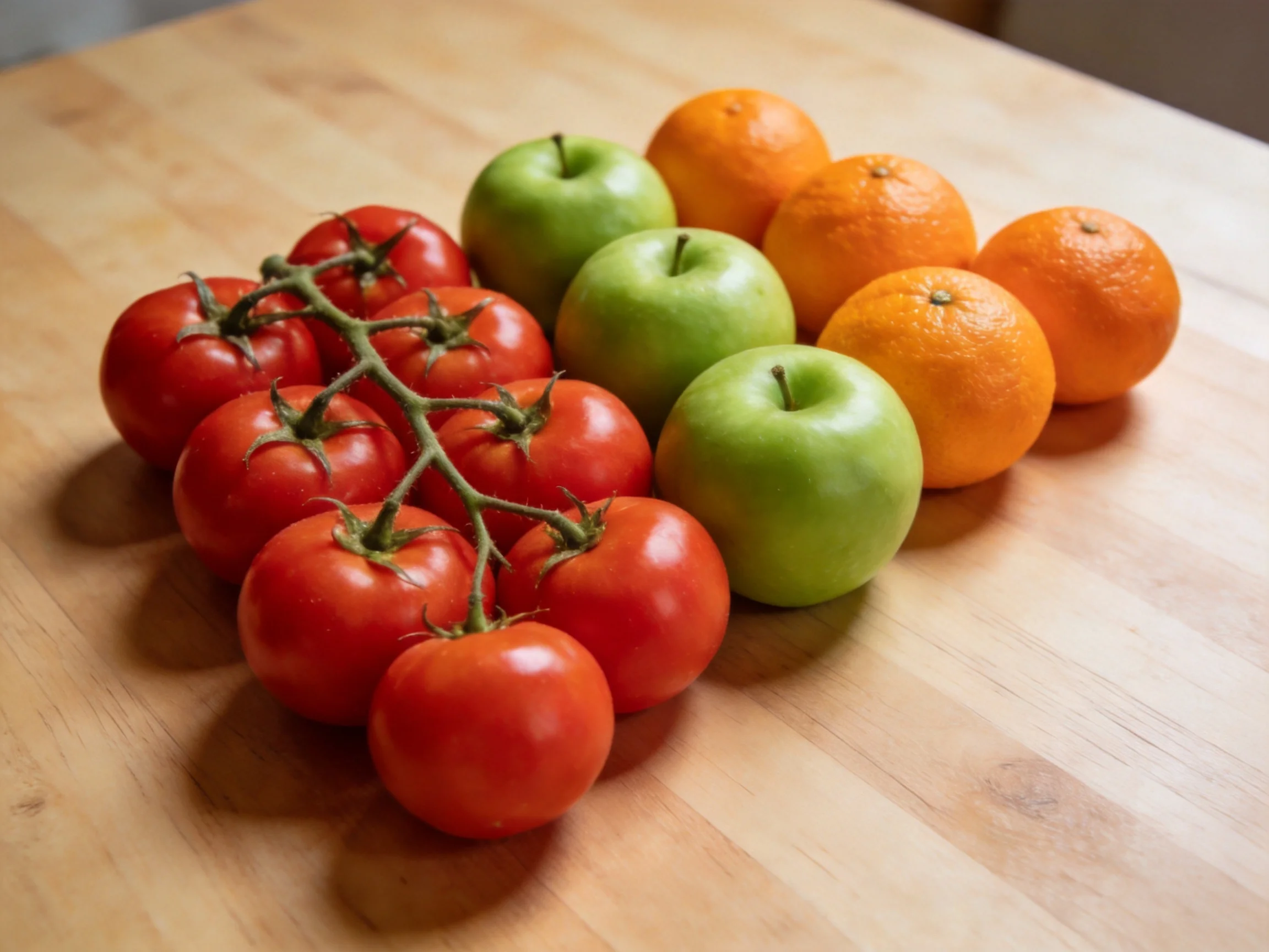 Fresh produce arrangement with tomatoes, green apples, and oranges on a wooden surface.
