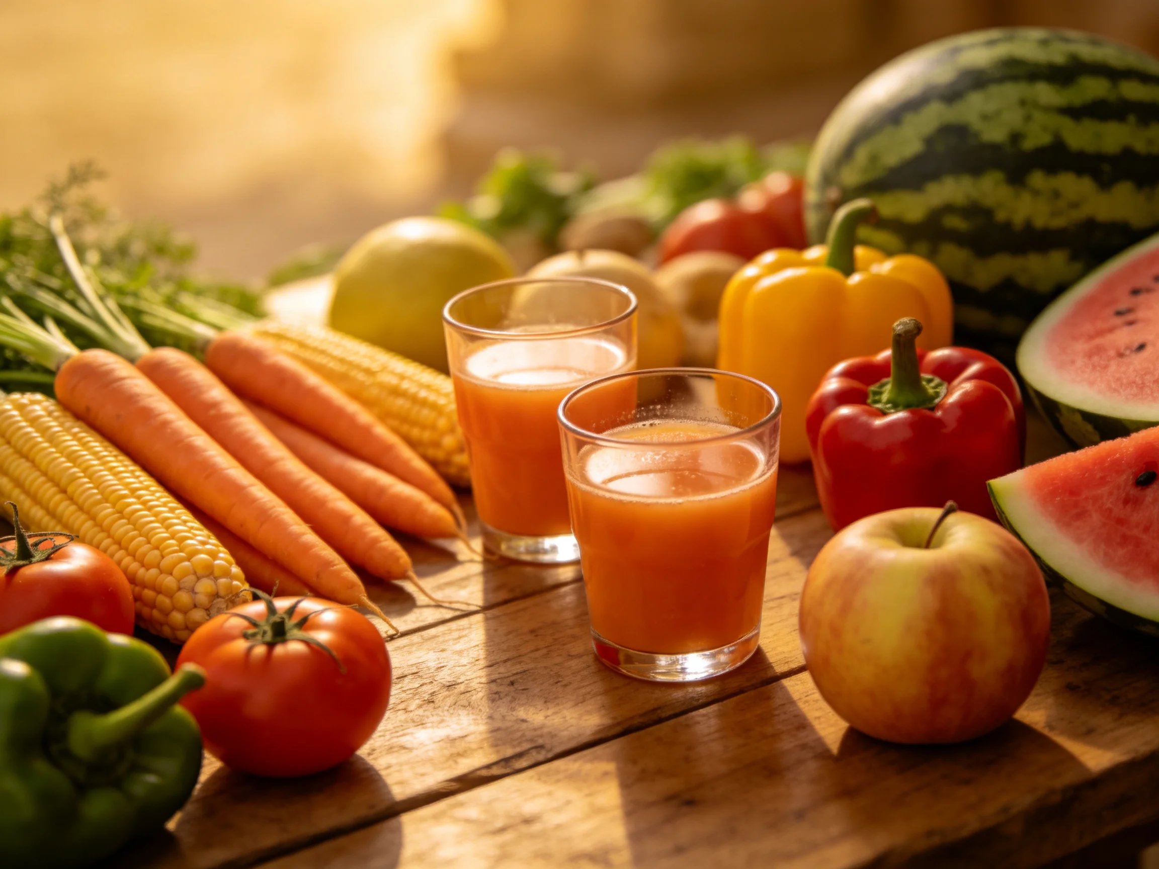 A wooden table displays an assortment of colorful fruits, vegetables, and two glasses of orange juice.
