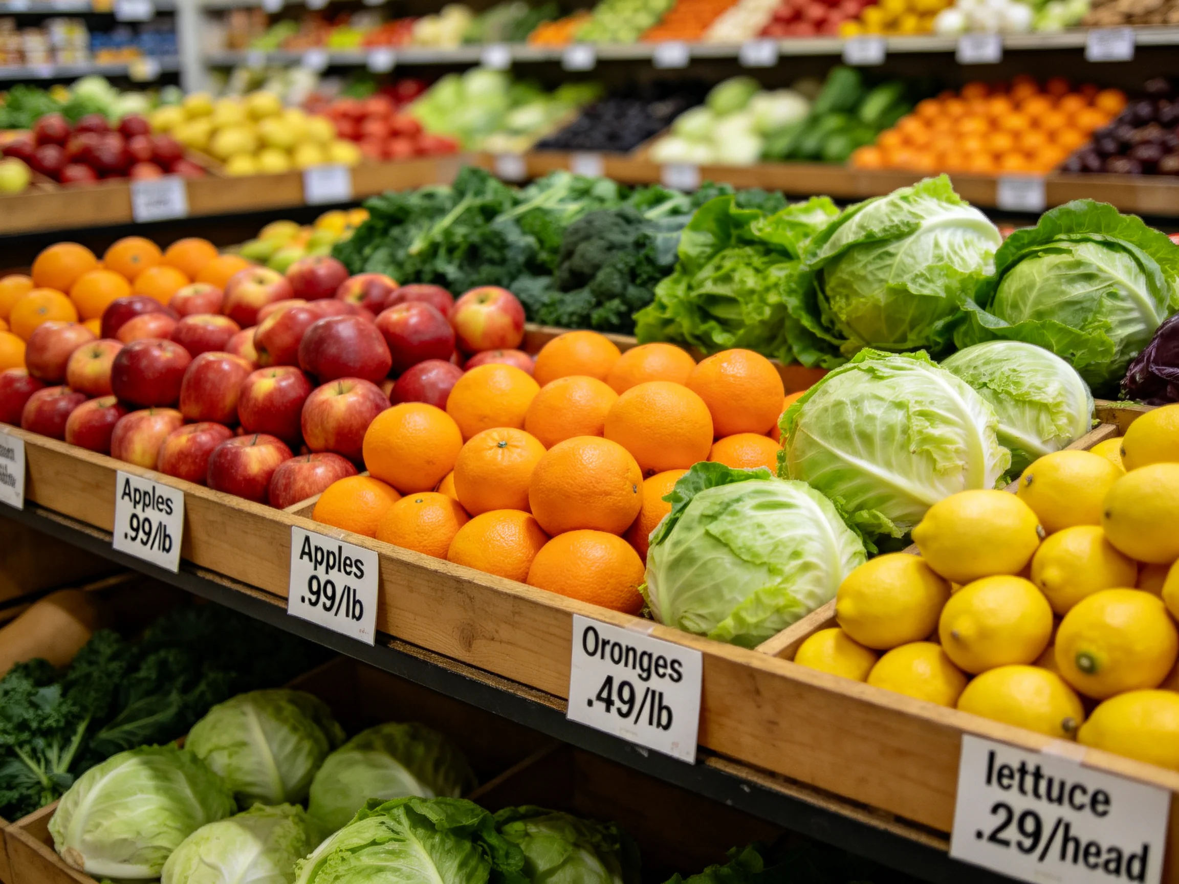 Fresh produce display featuring apples, oranges, cabbages, and leafy greens