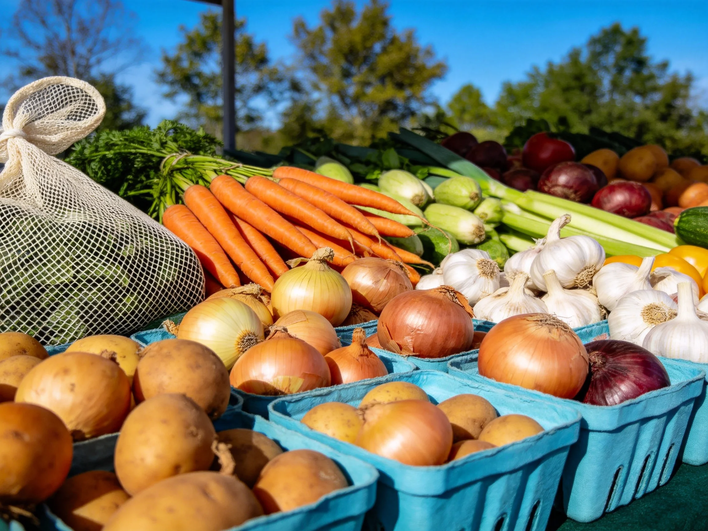 Fresh produce display featuring carrots, onions, garlic, and potatoes