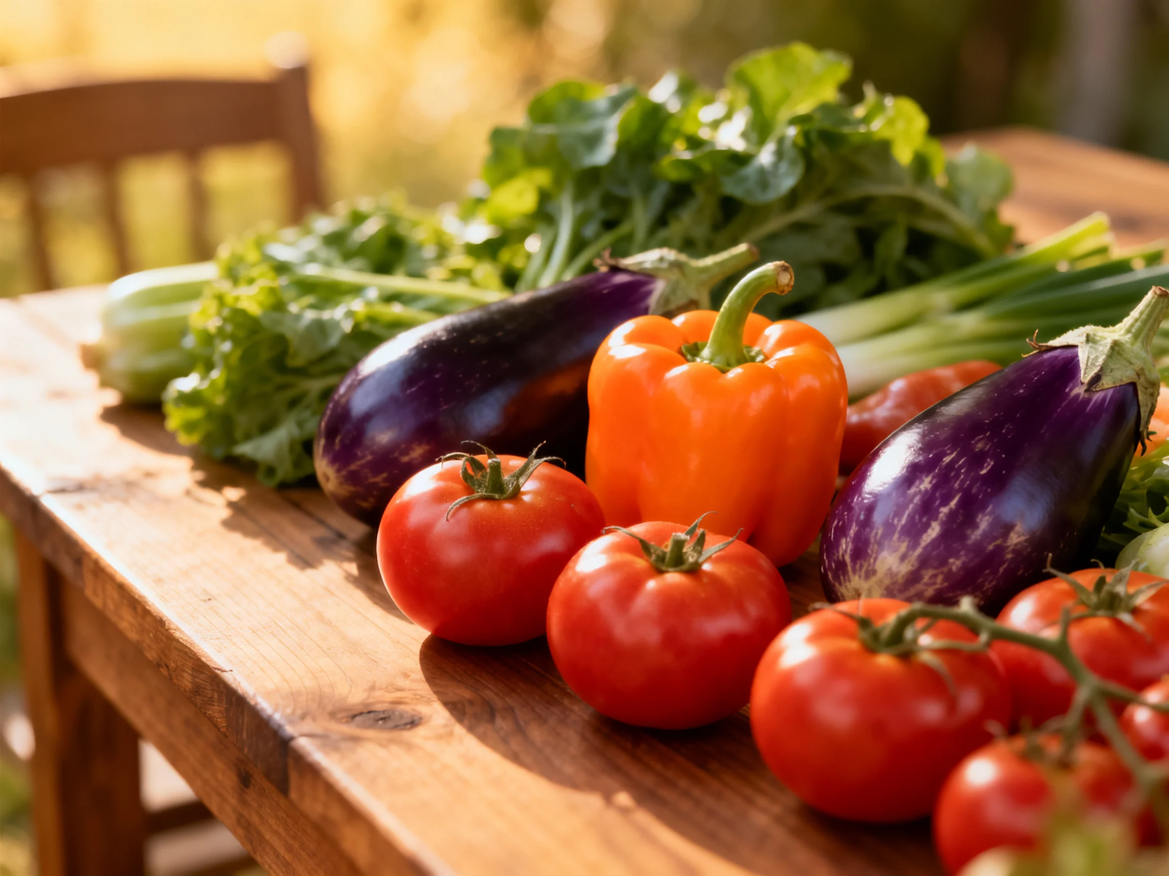 Fresh produce display featuring tomatoes, eggplants, bell peppers, and leafy greens on a wooden table