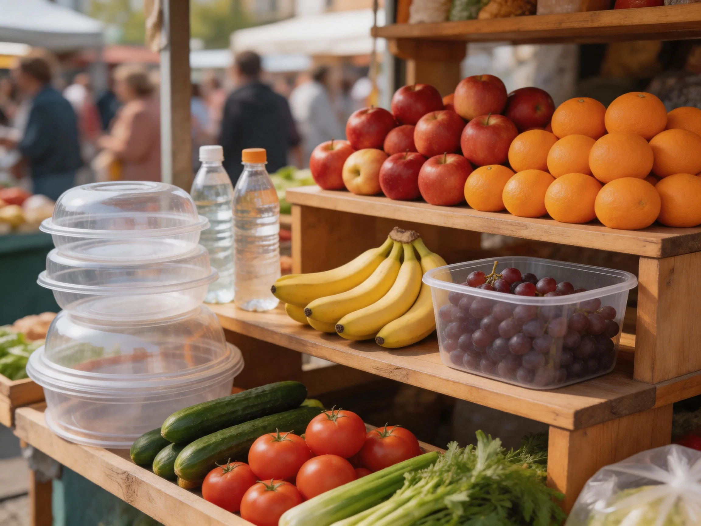 Fresh produce display with apples, oranges, bananas, tomatoes, and greens at outdoor market