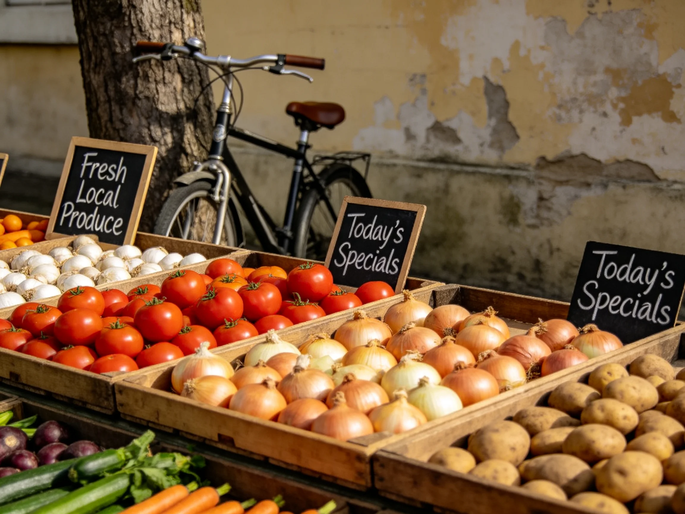 Fresh produce display with colorful vegetables and vintage bicycle