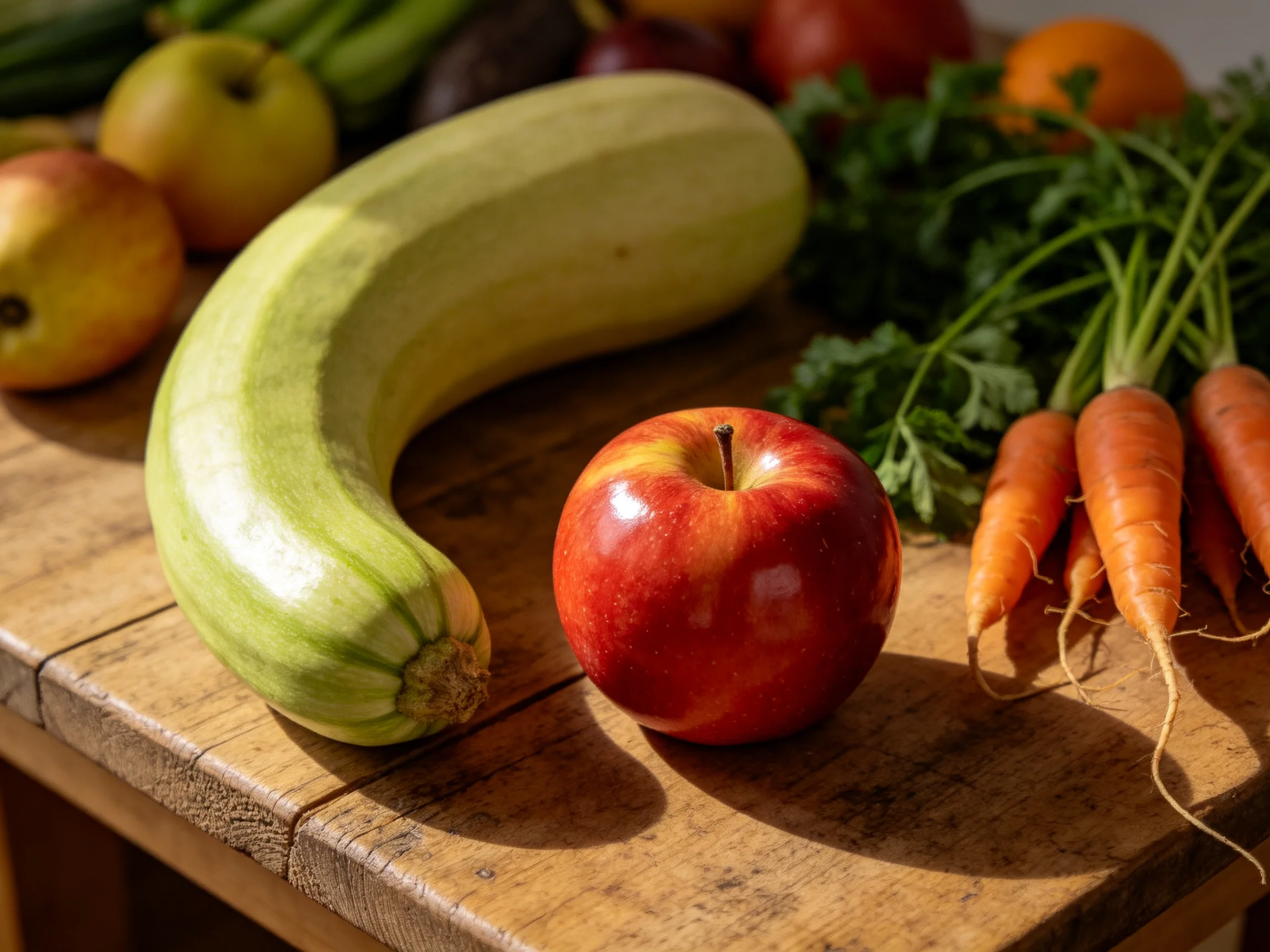 Fresh produce display with large green squash, red apple, and orange carrots on wooden surface