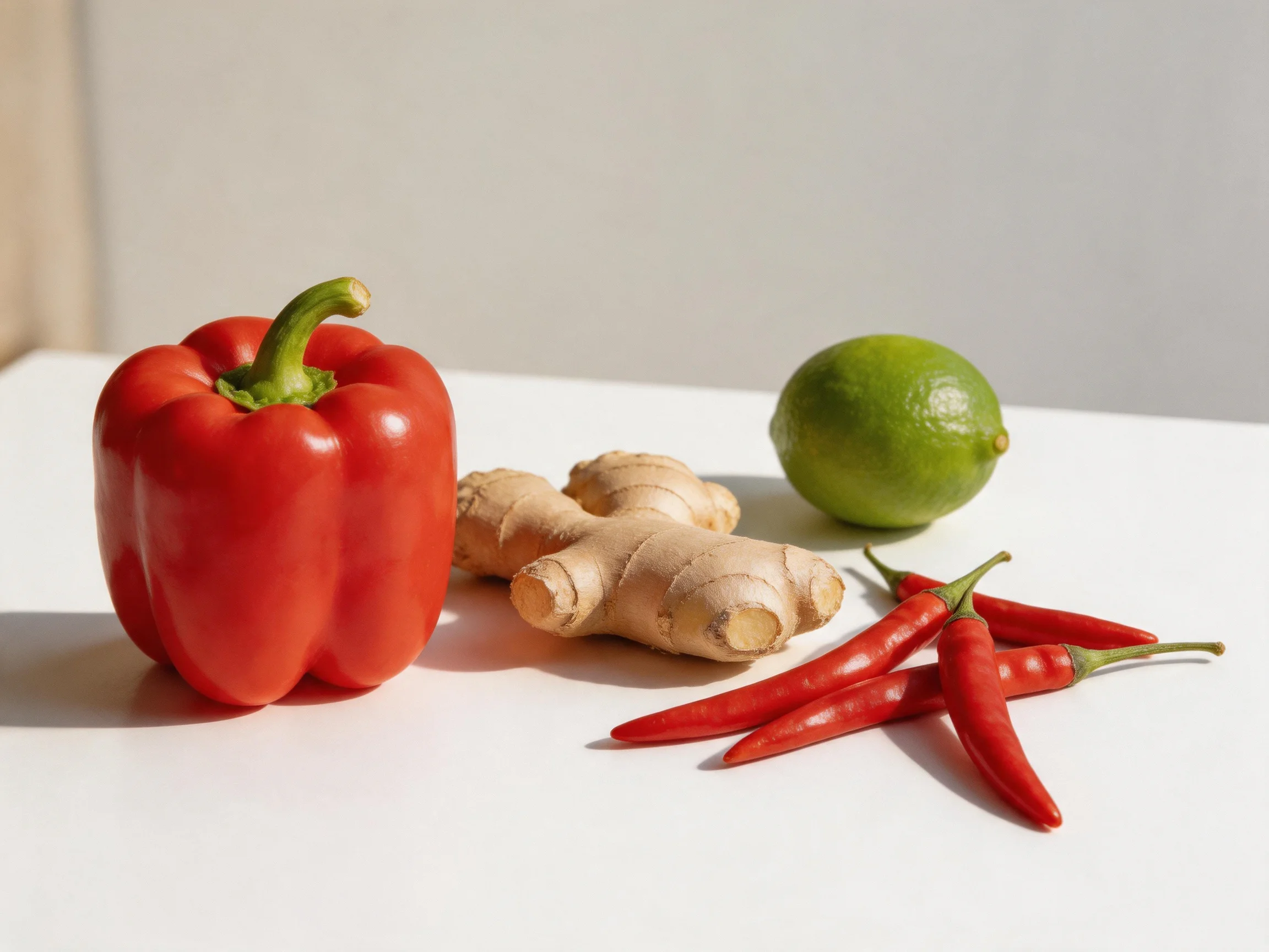 Fresh produce display with red bell pepper, ginger, lime, and chilies