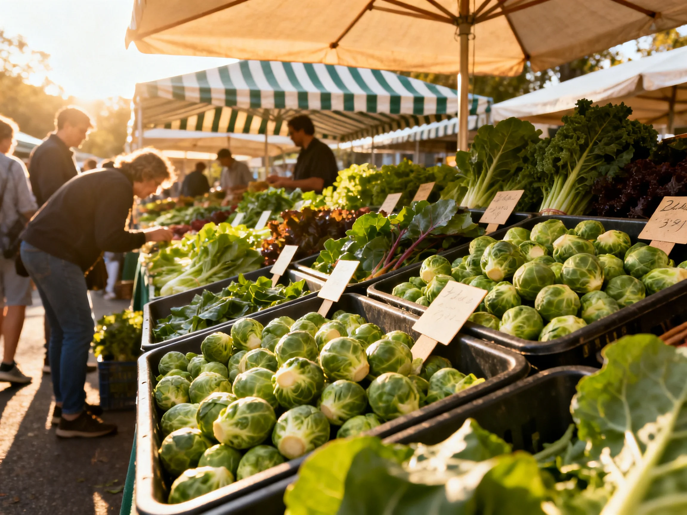 Fresh produce featuring Brussels sprouts and leafy greens at an outdoor farmers market