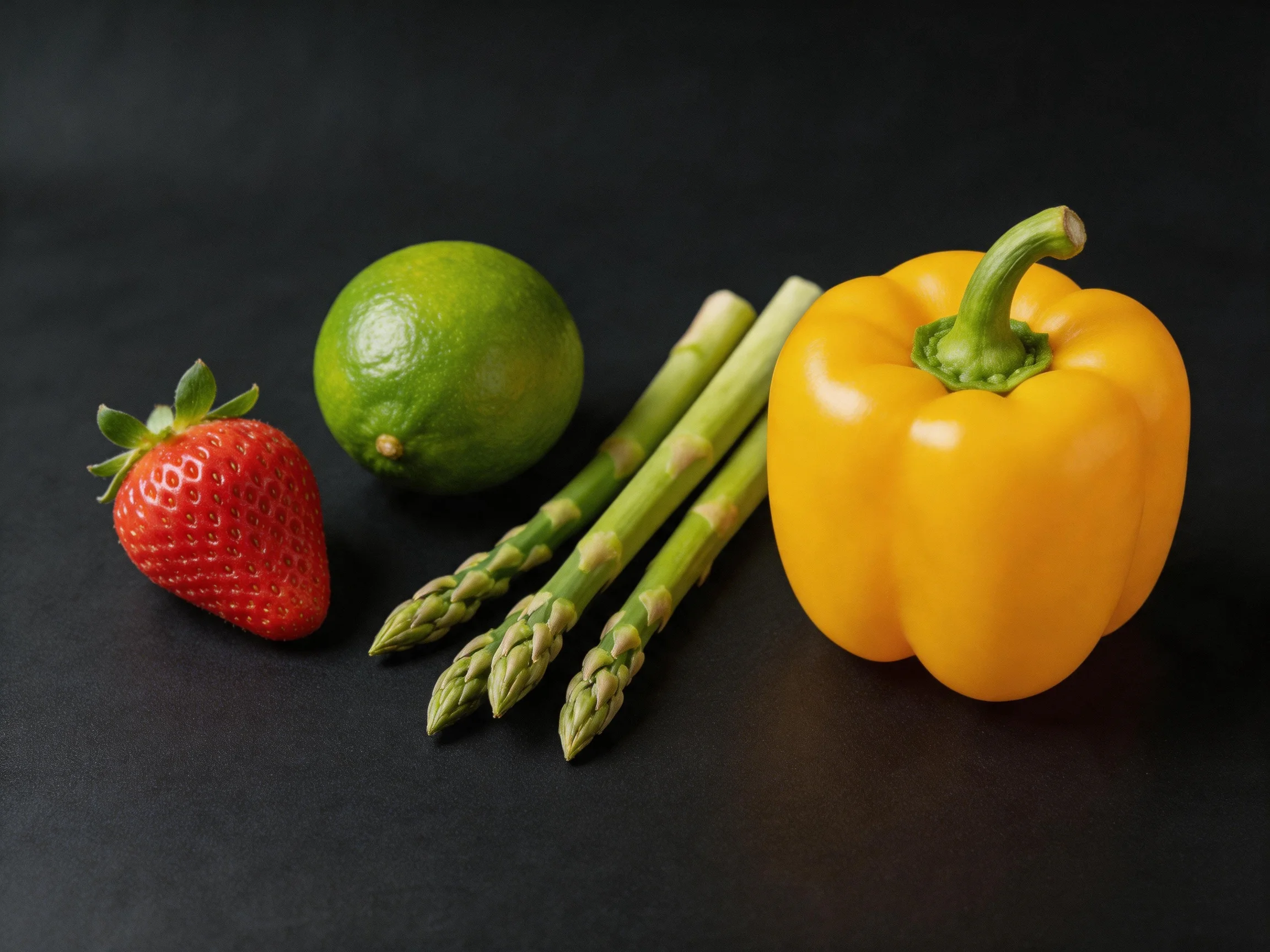 Fresh produce featuring strawberry, lime, asparagus, and yellow bell pepper on dark surface.