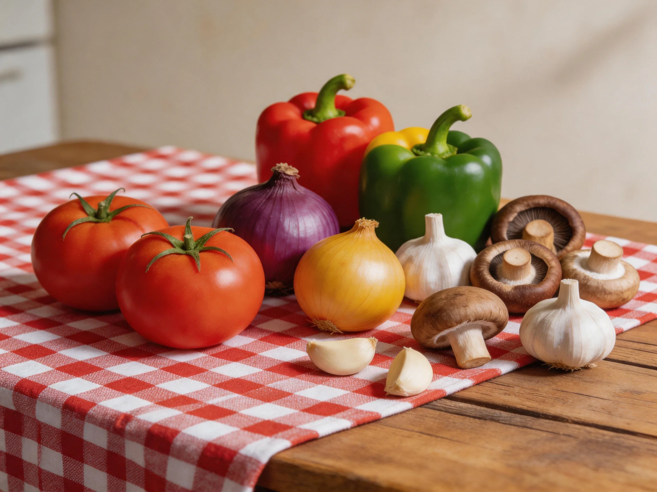 Fresh produce featuring tomatoes, bell peppers, onions, garlic, and mushrooms on a checkered cloth