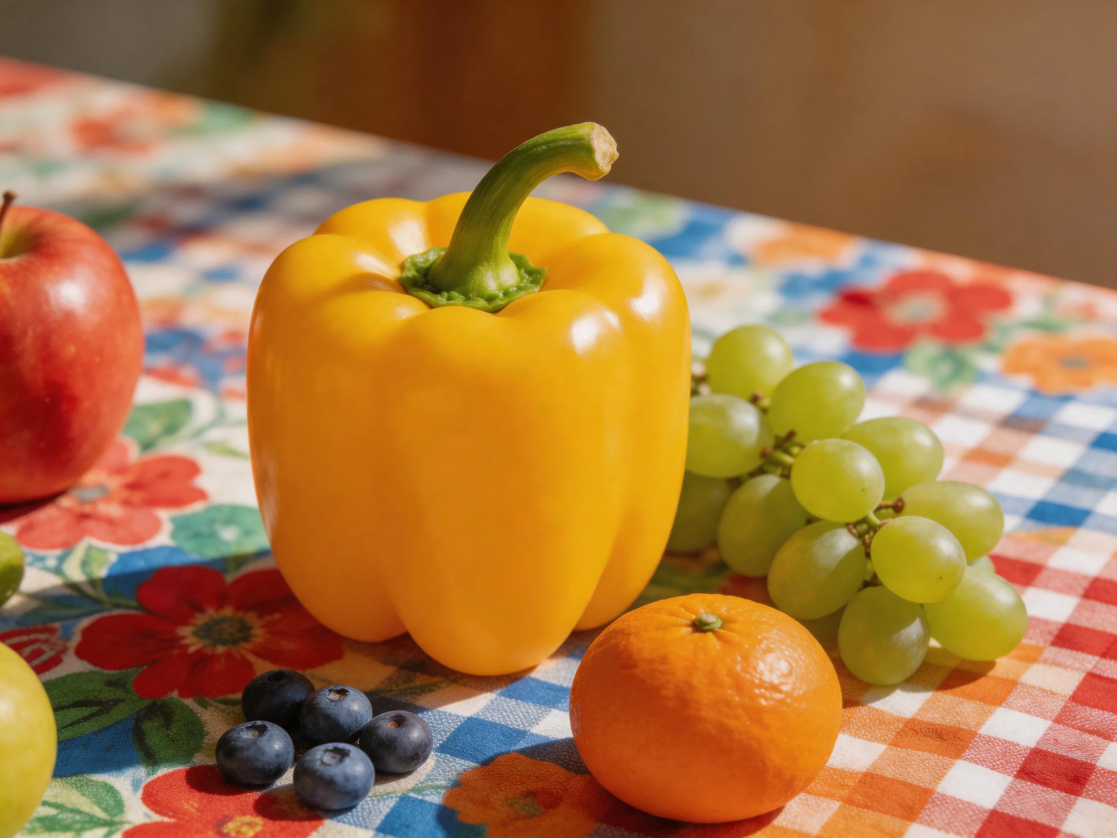 Fresh produce including a yellow bell pepper, green grapes, orange, blueberries, and apples on a colo