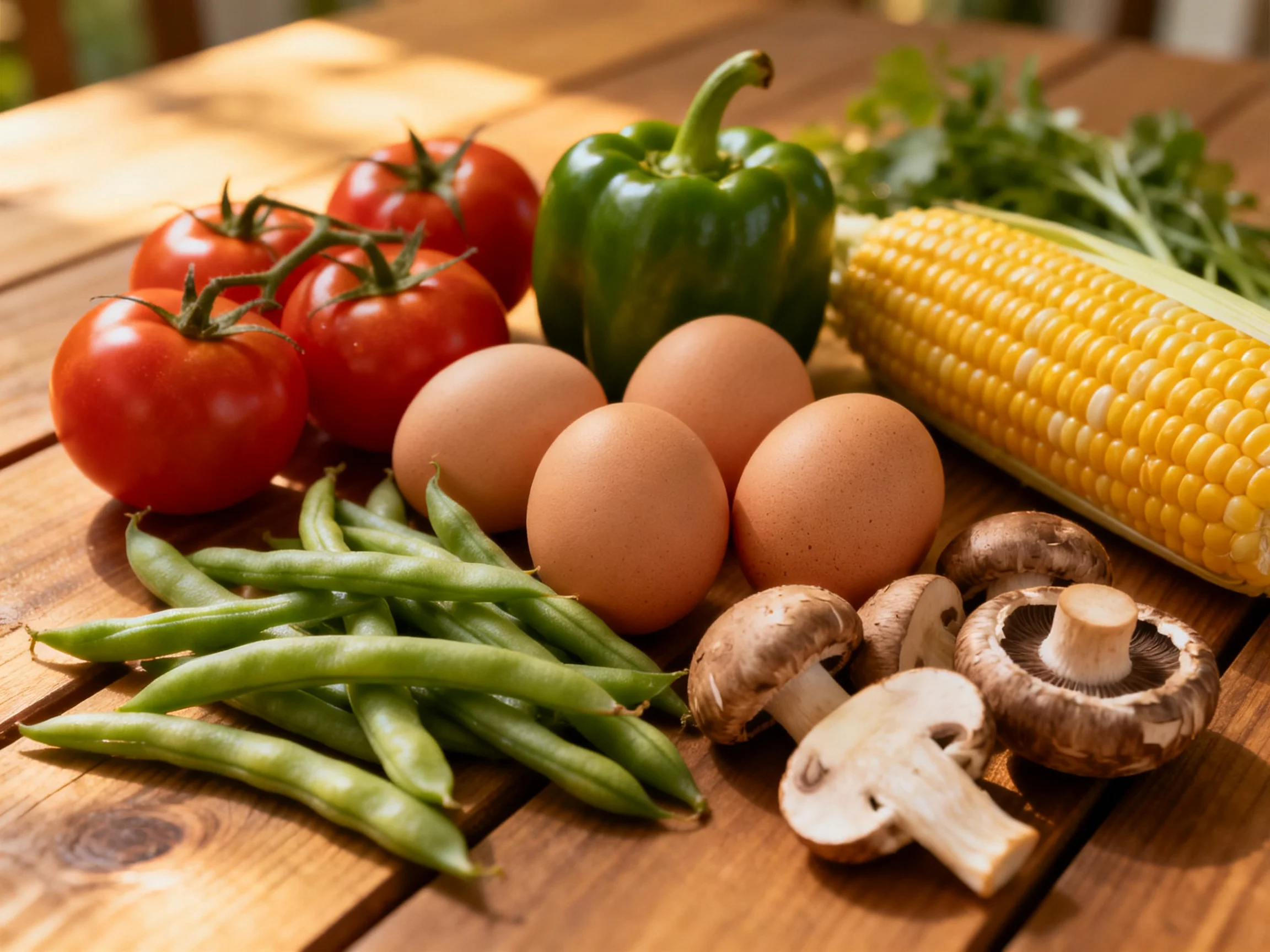 Fresh produce including tomatoes, corn, bell pepper, mushrooms, green beans, and eggs on a wooden tab