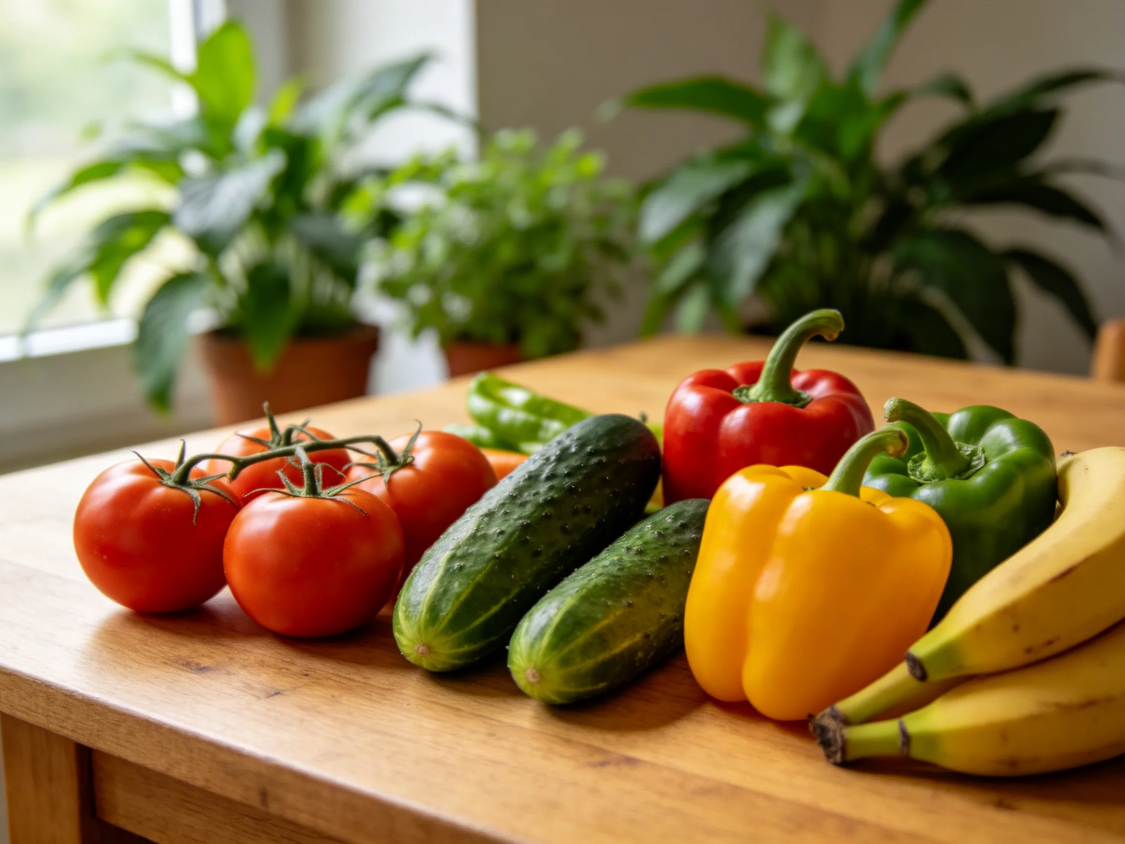 Fresh produce including tomatoes, cucumbers, peppers, and bananas on a wooden table with potted plant