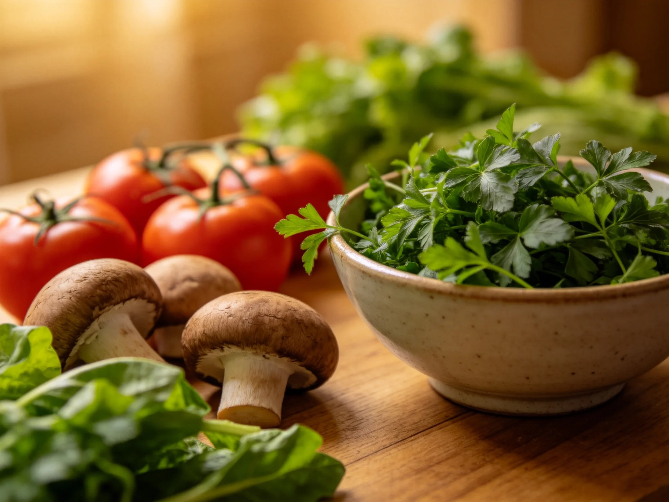 Fresh produce including tomatoes, mushrooms, and herbs on a wooden surface