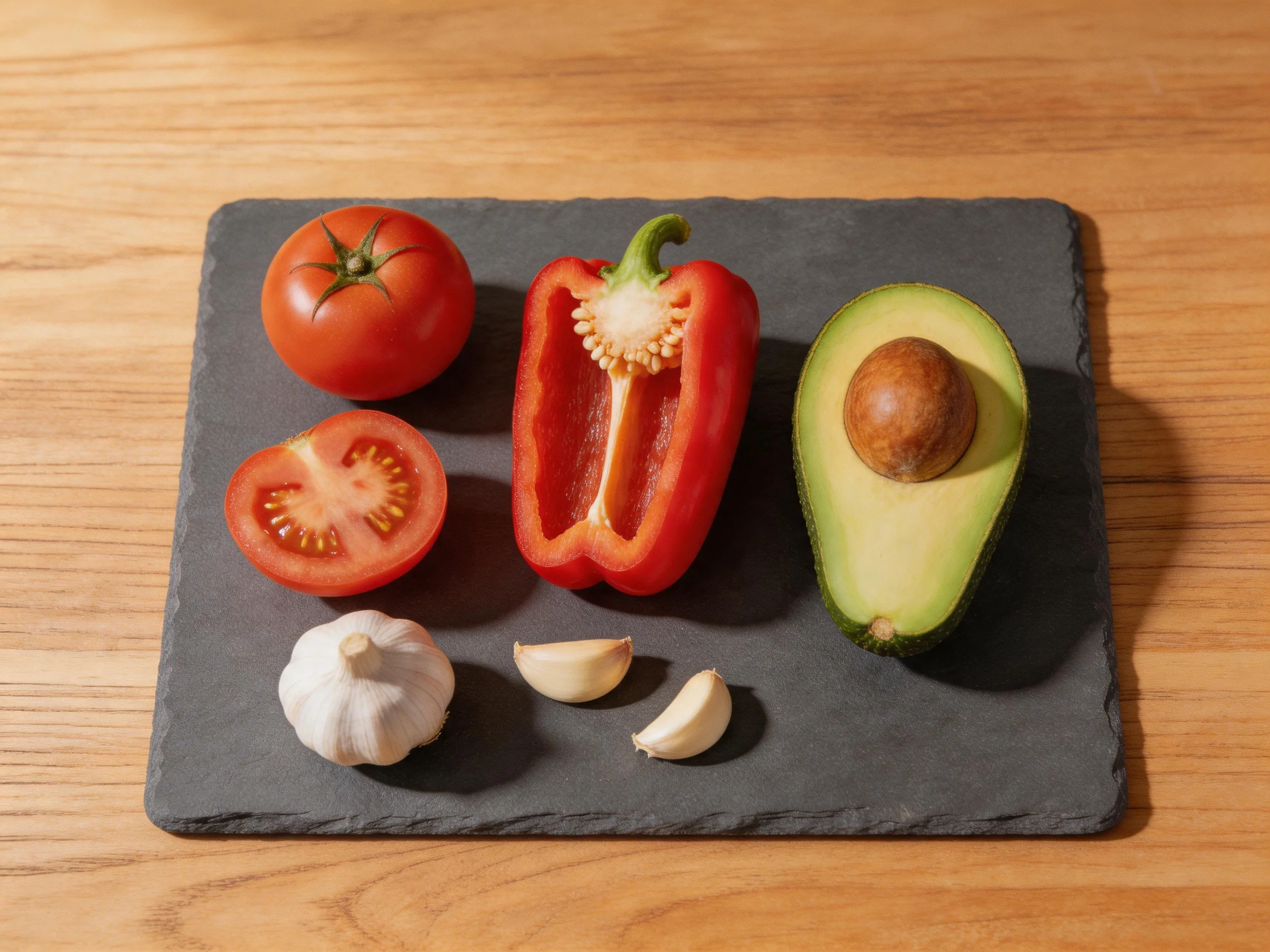 Fresh produce including tomatoes, red pepper, avocado, and garlic arranged on a slate board