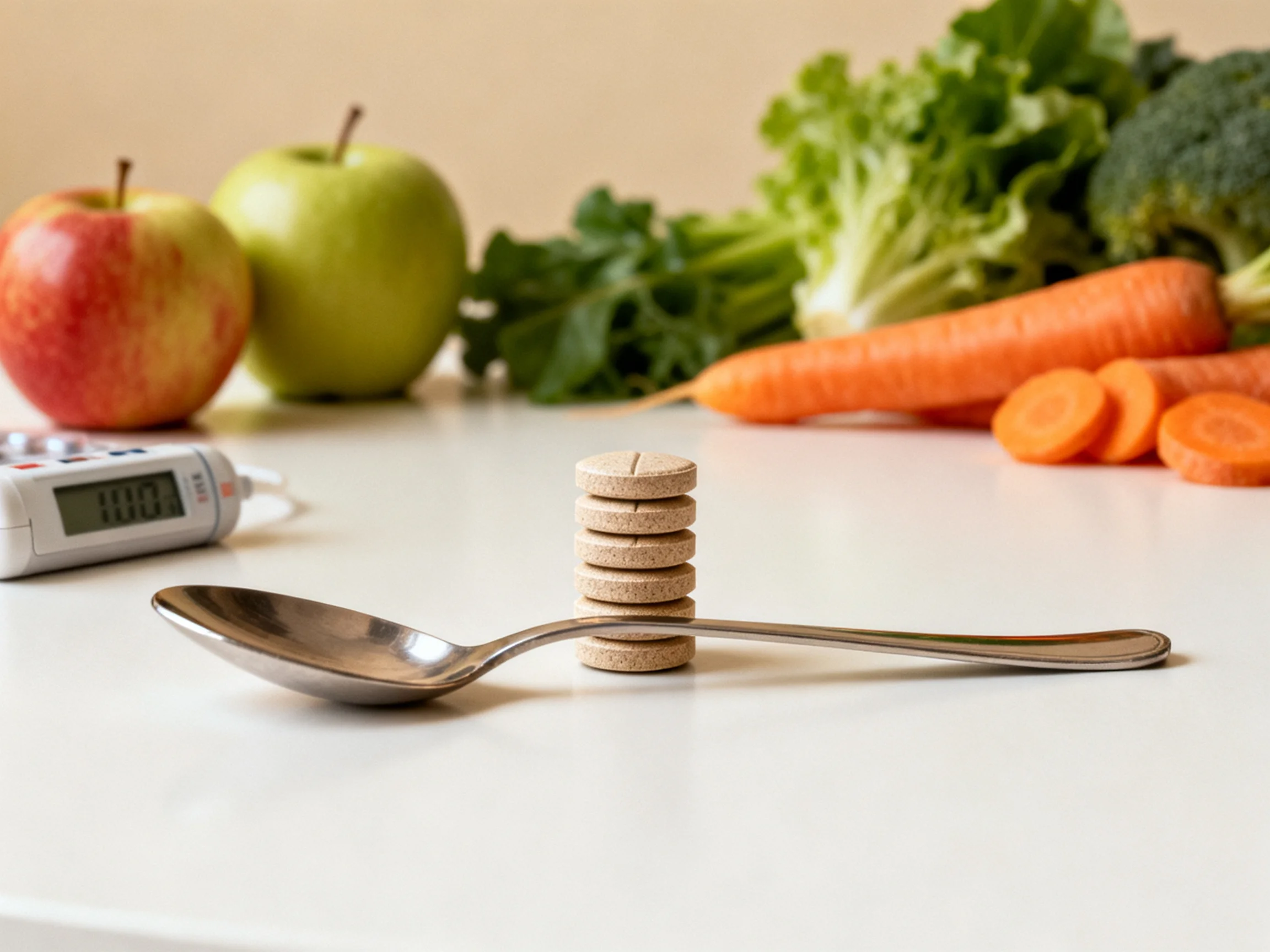 Fresh produce, pills, spoon, and glucose meter arranged on a white surface