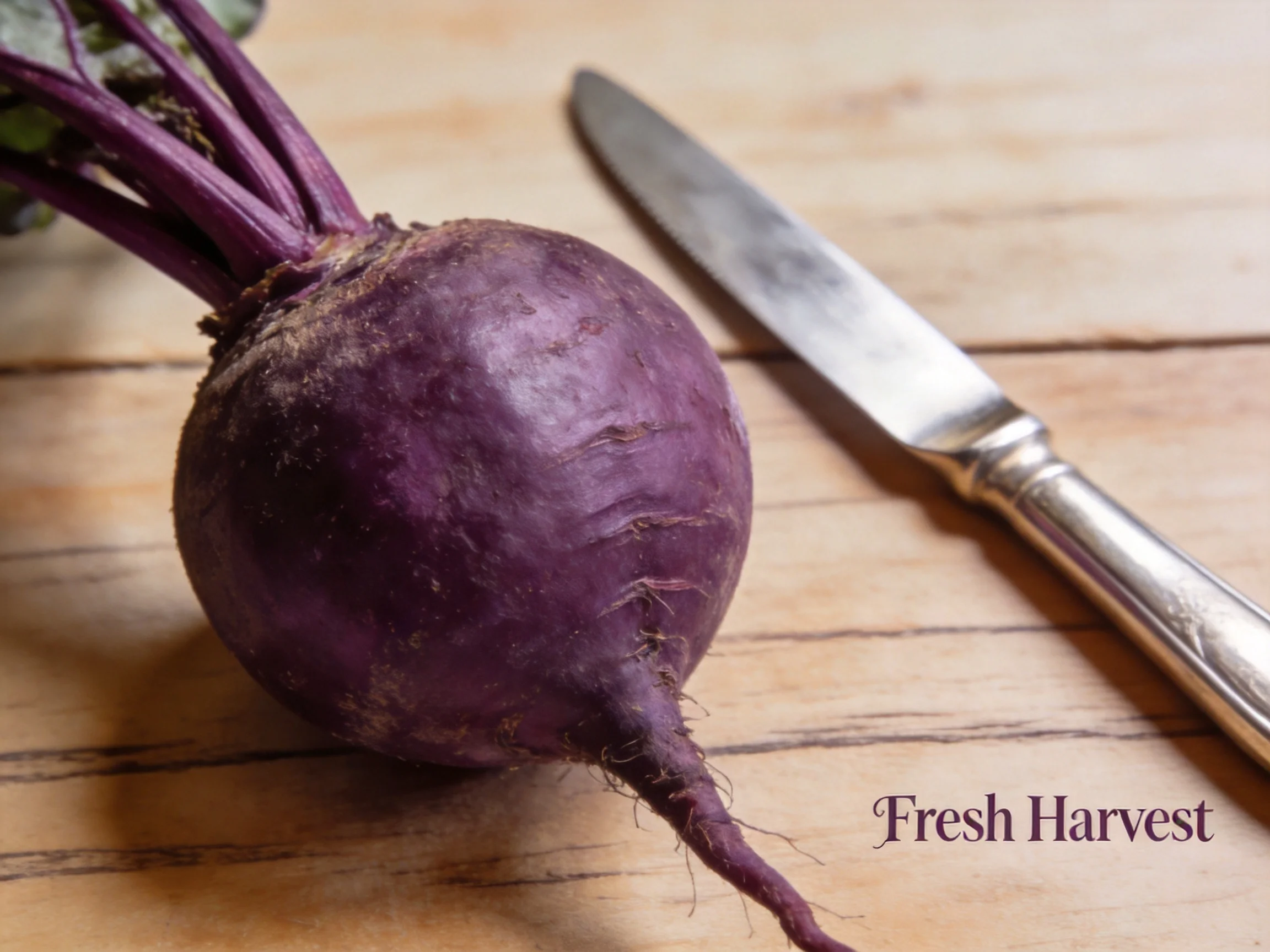 Fresh purple beetroot with green tops next to a silver knife on wood