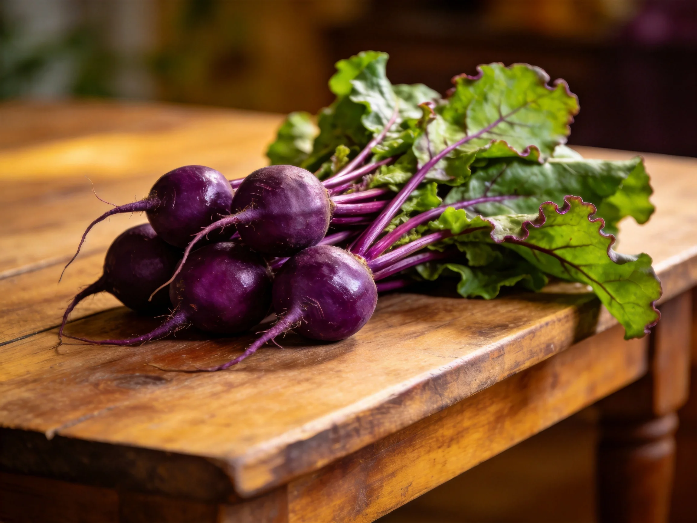 Fresh purple beetroots with vibrant green tops placed on a rustic wooden table