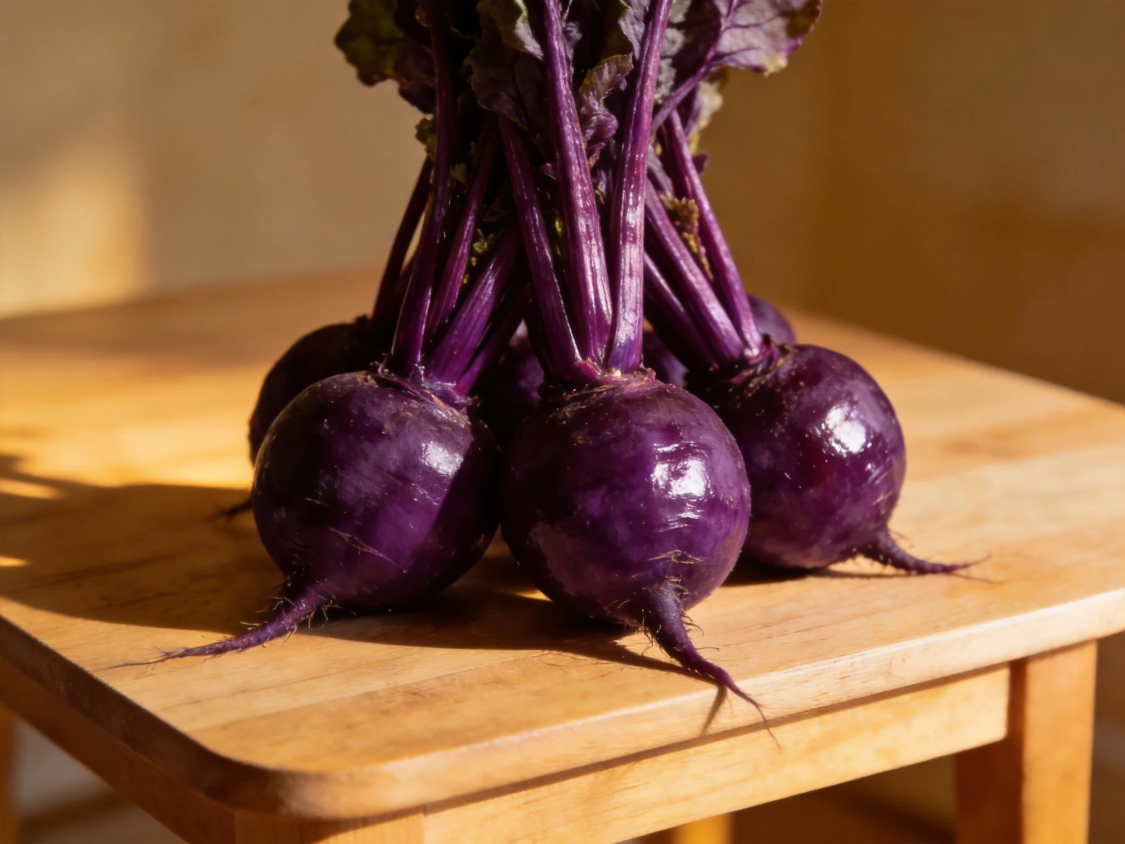 Fresh purple beets arranged on a light wooden surface