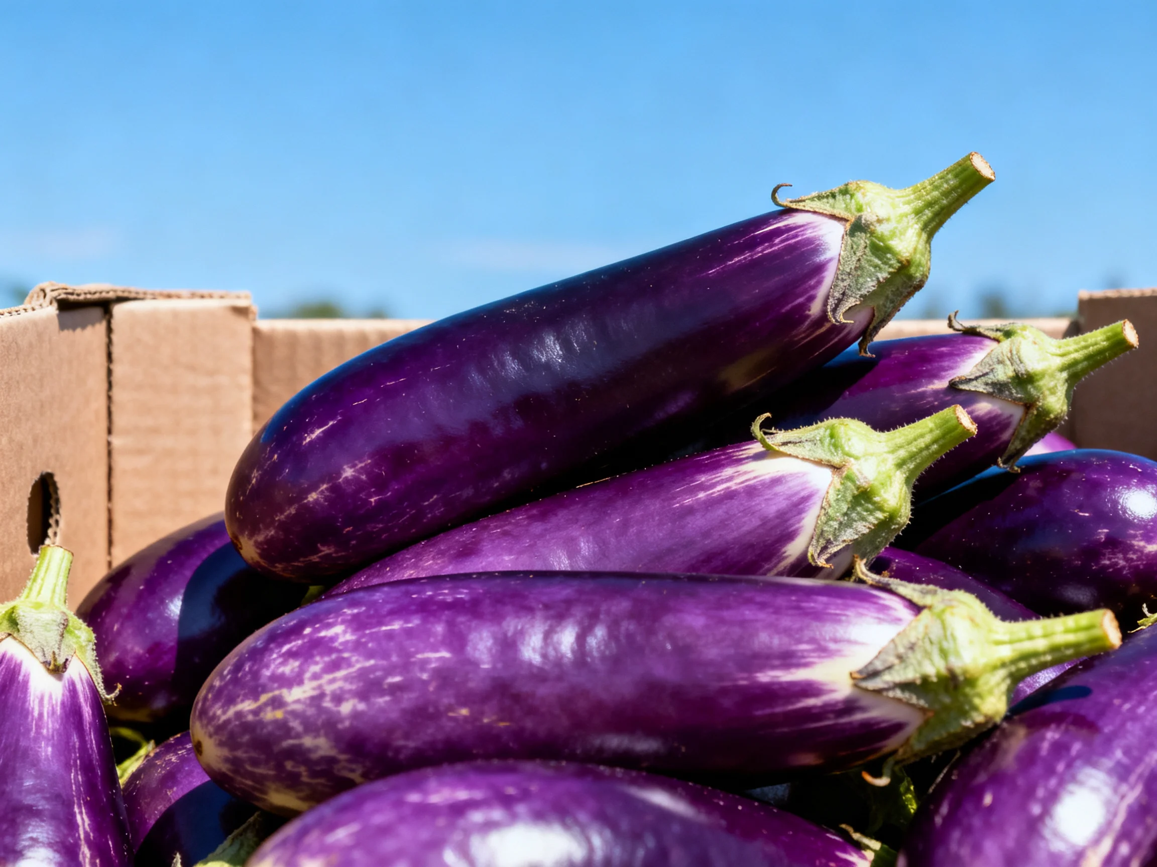 Fresh purple eggplants stacked in a cardboard container outdoors