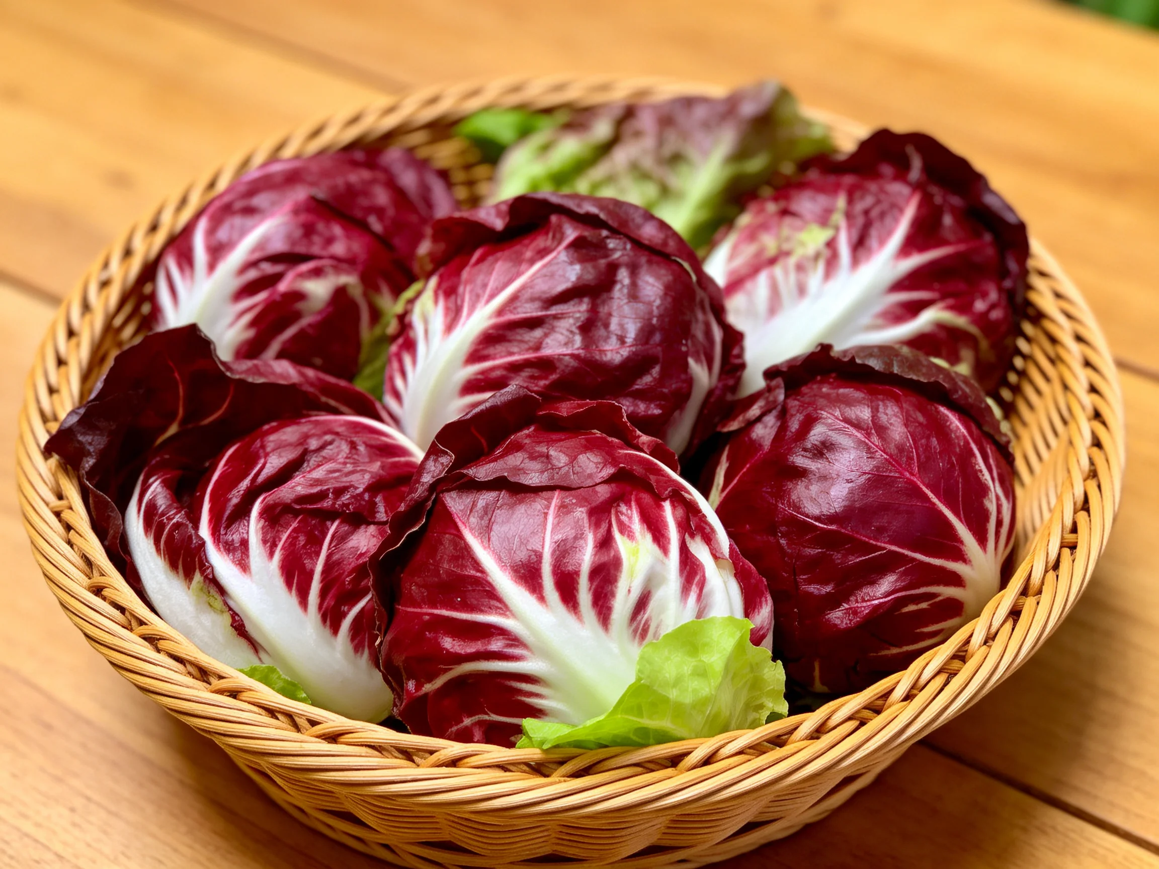 Fresh radicchio heads in a woven basket on a wooden table