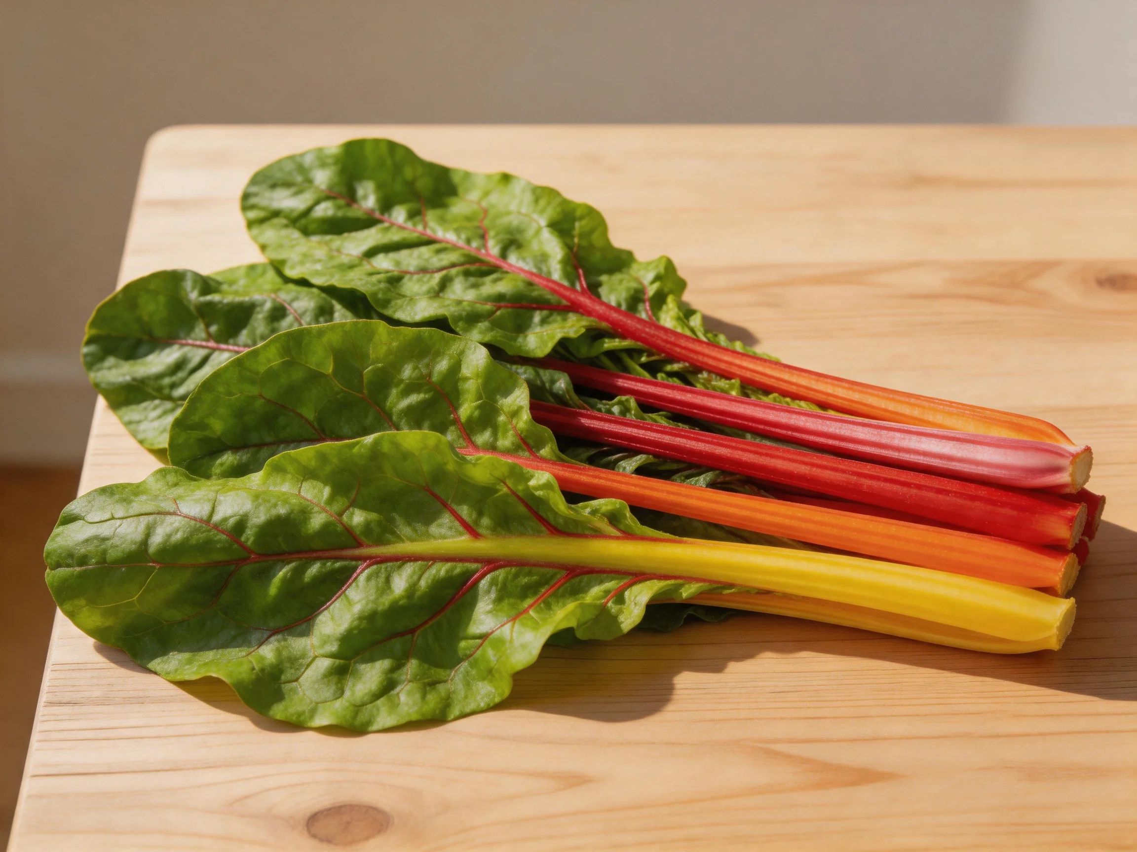 Fresh rainbow chard bundles withmulticolored stems on a wooden cutting board