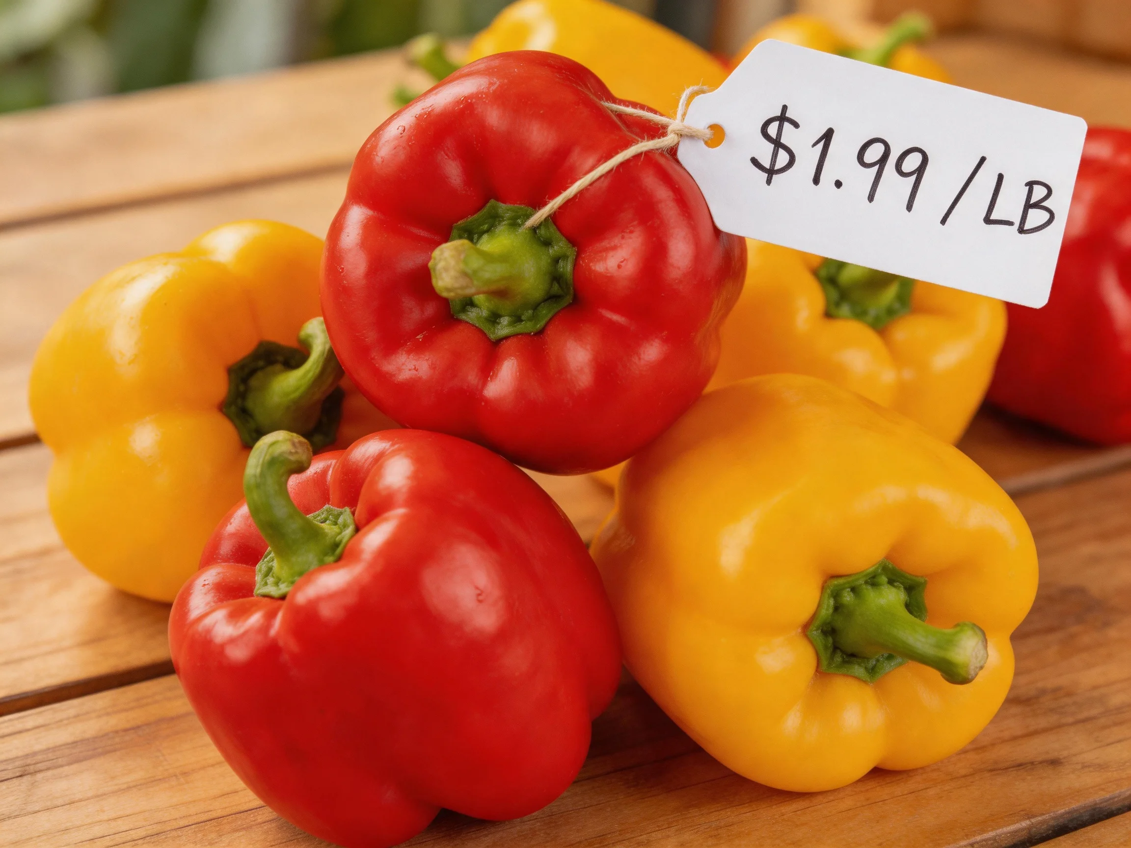 Fresh red and yellow bell peppers displayed with price tag