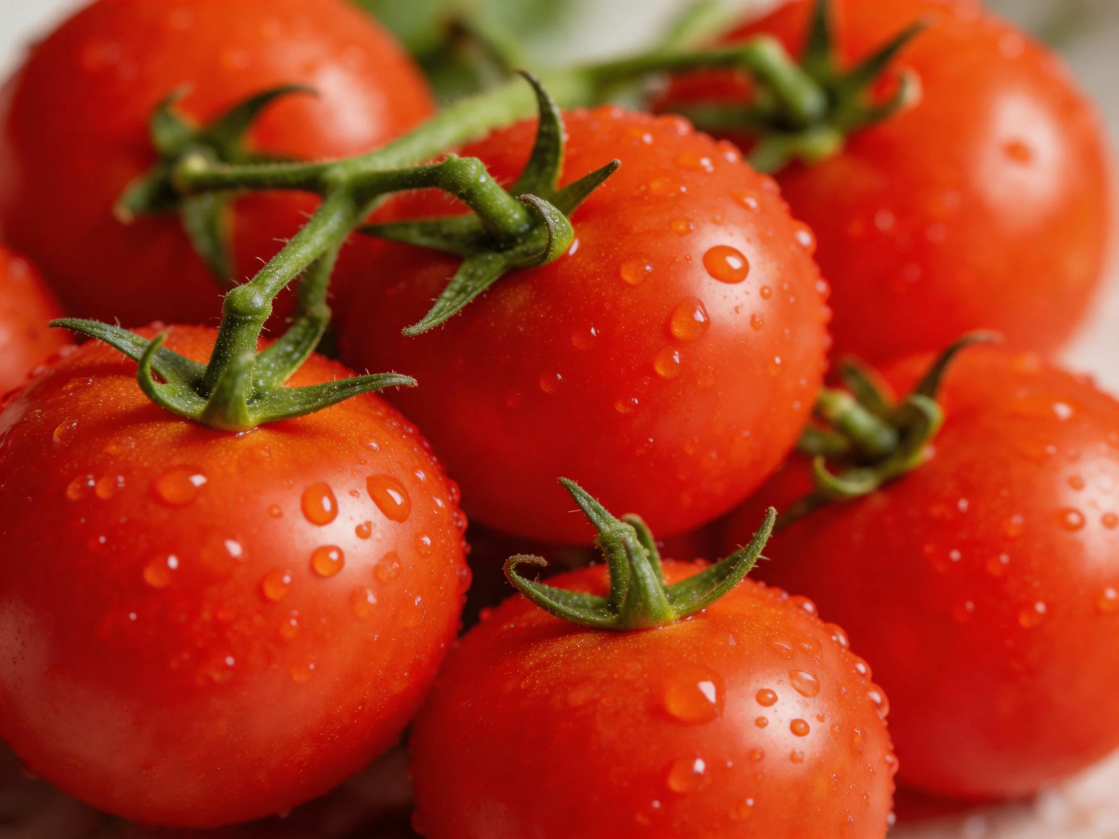 Fresh red cherry tomatoes with water droplets on green stems