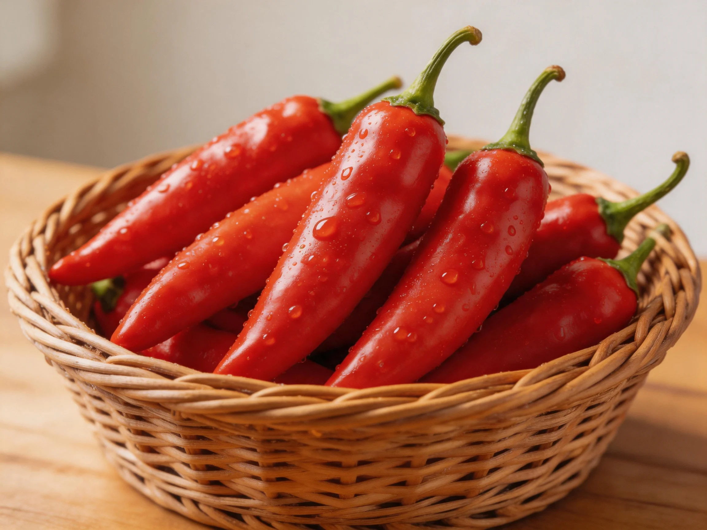 Fresh red chili peppers with water droplets in a woven basket