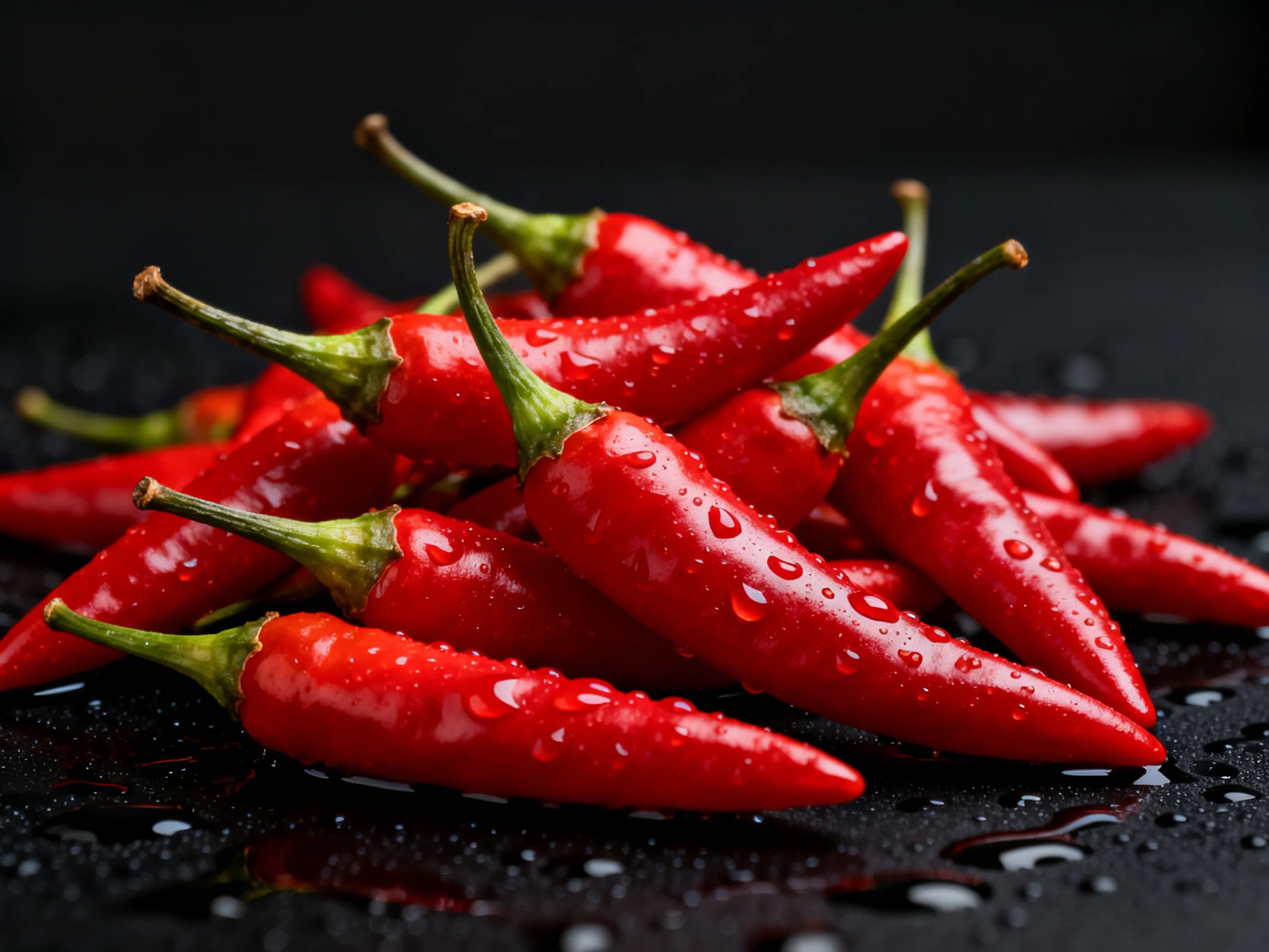 Fresh red chili peppers with water droplets on dark surface