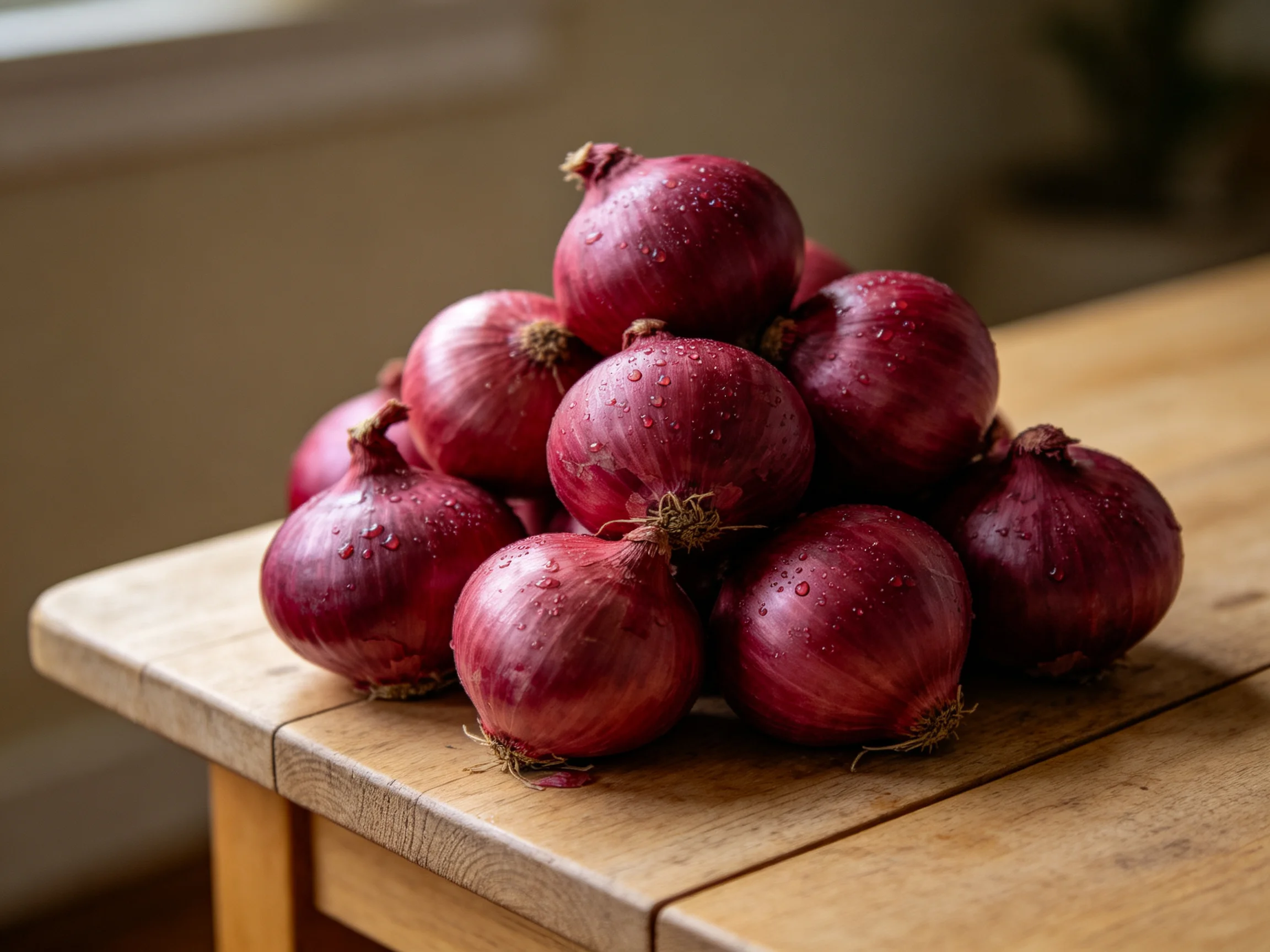 Fresh red onions arranged in a pile on a wooden surface