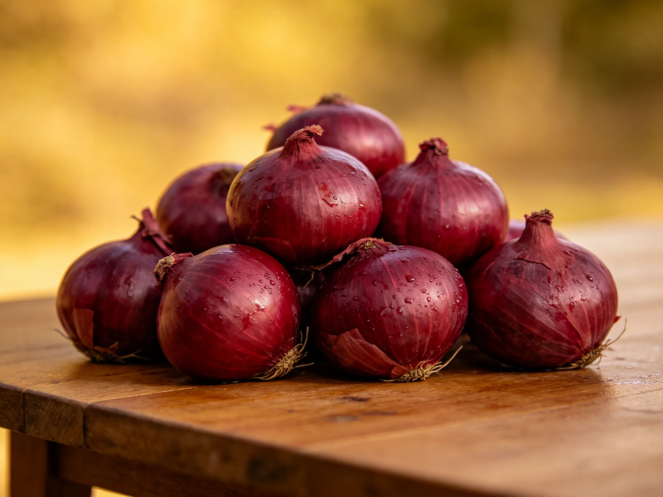Fresh red onions piled high on a wooden table