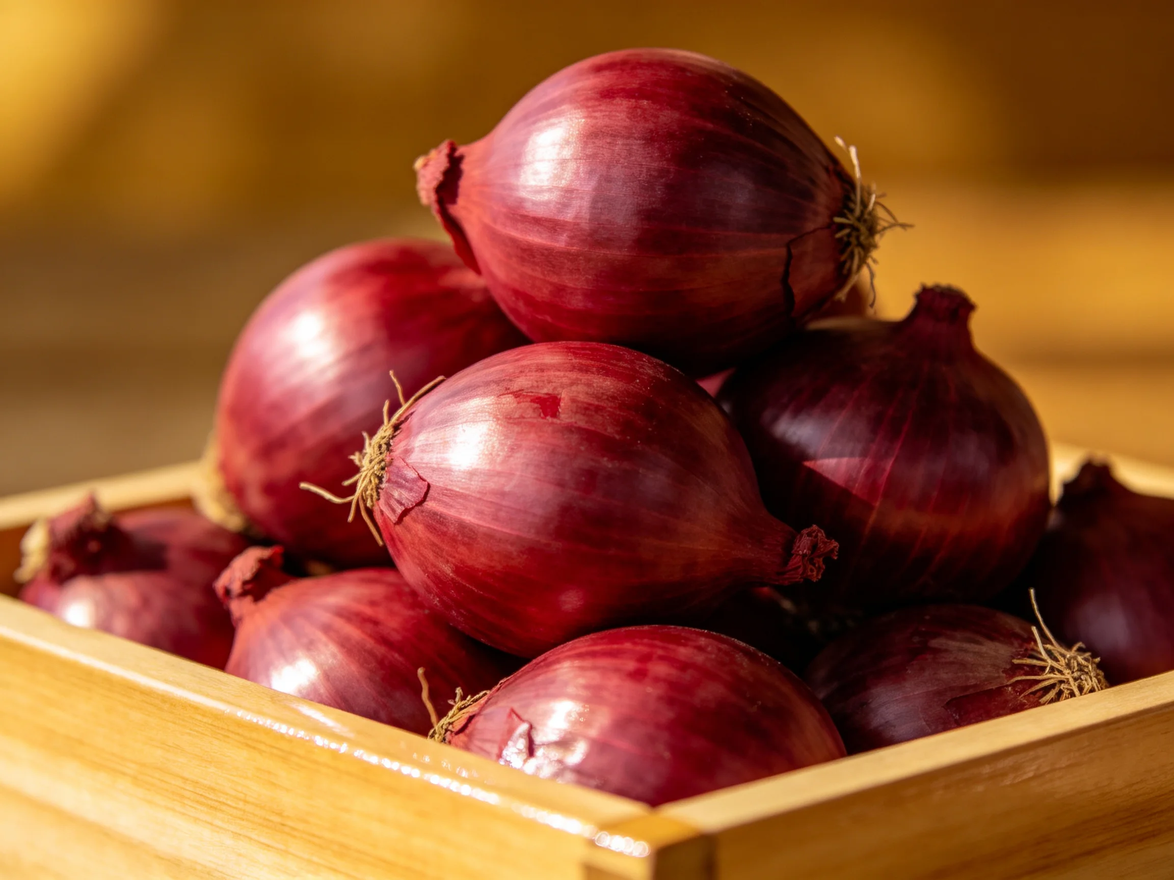 Fresh red onions stacked in a wooden box