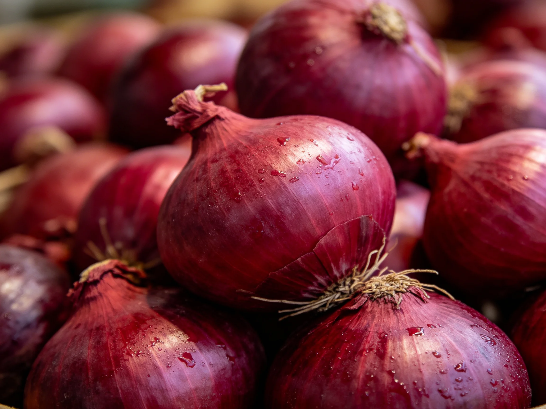 Fresh red onions stacked with water droplets and earthy stems