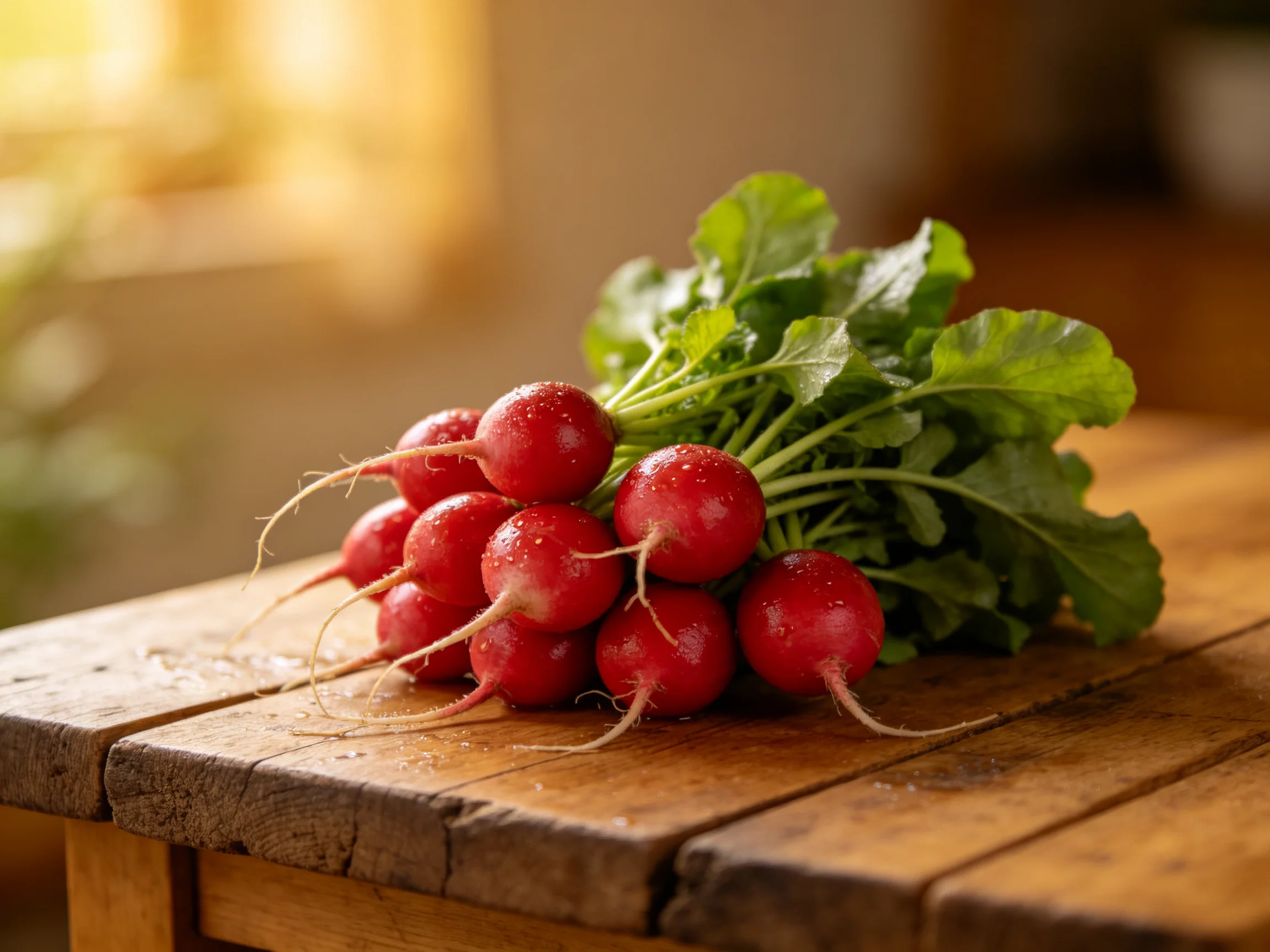 Fresh red radish bundle with green leaves on rustic wood