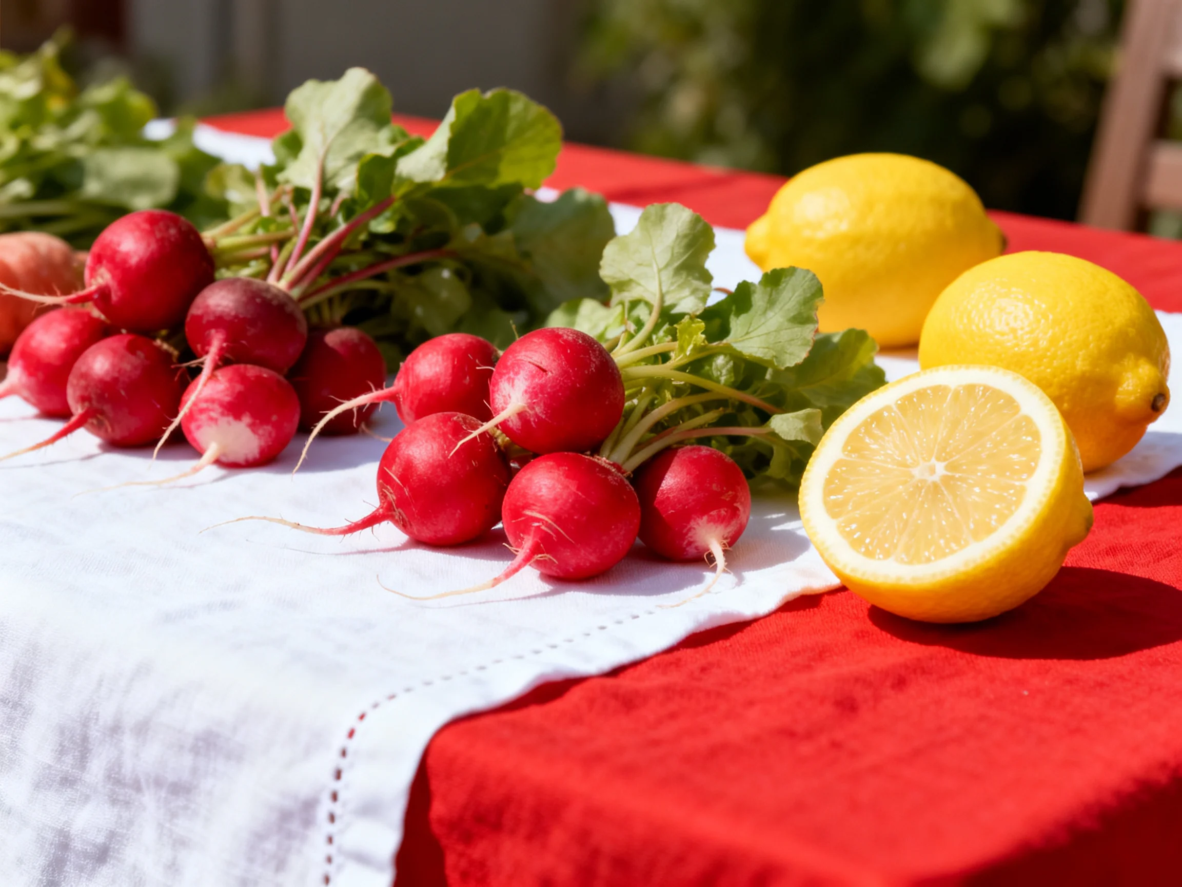 Fresh red radishes and bright yellow lemons arranged on a red tablecloth