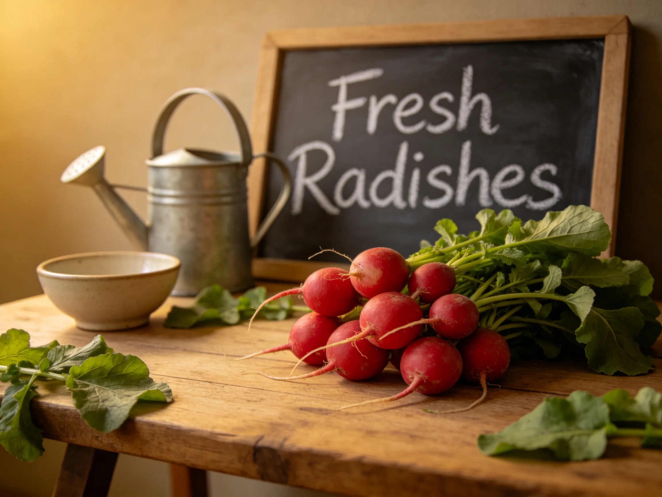 Fresh red radishes arranged on a rustic wooden table near a metal watering can and chalkboard