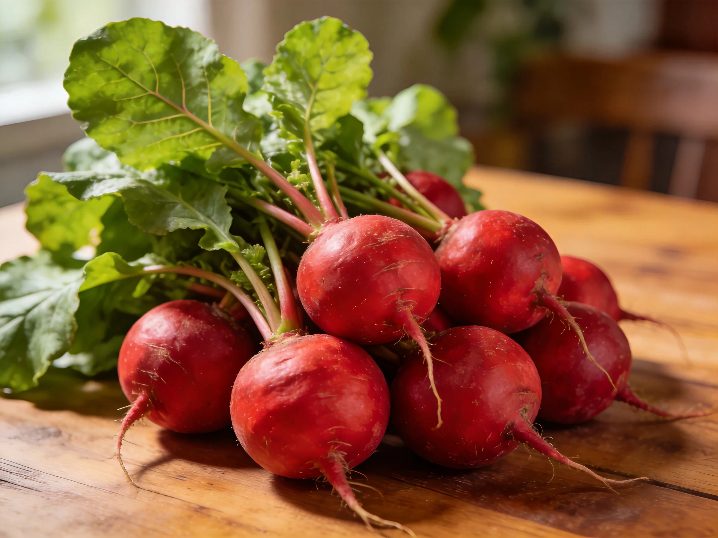 Fresh red radishes with green leaves on a wooden table