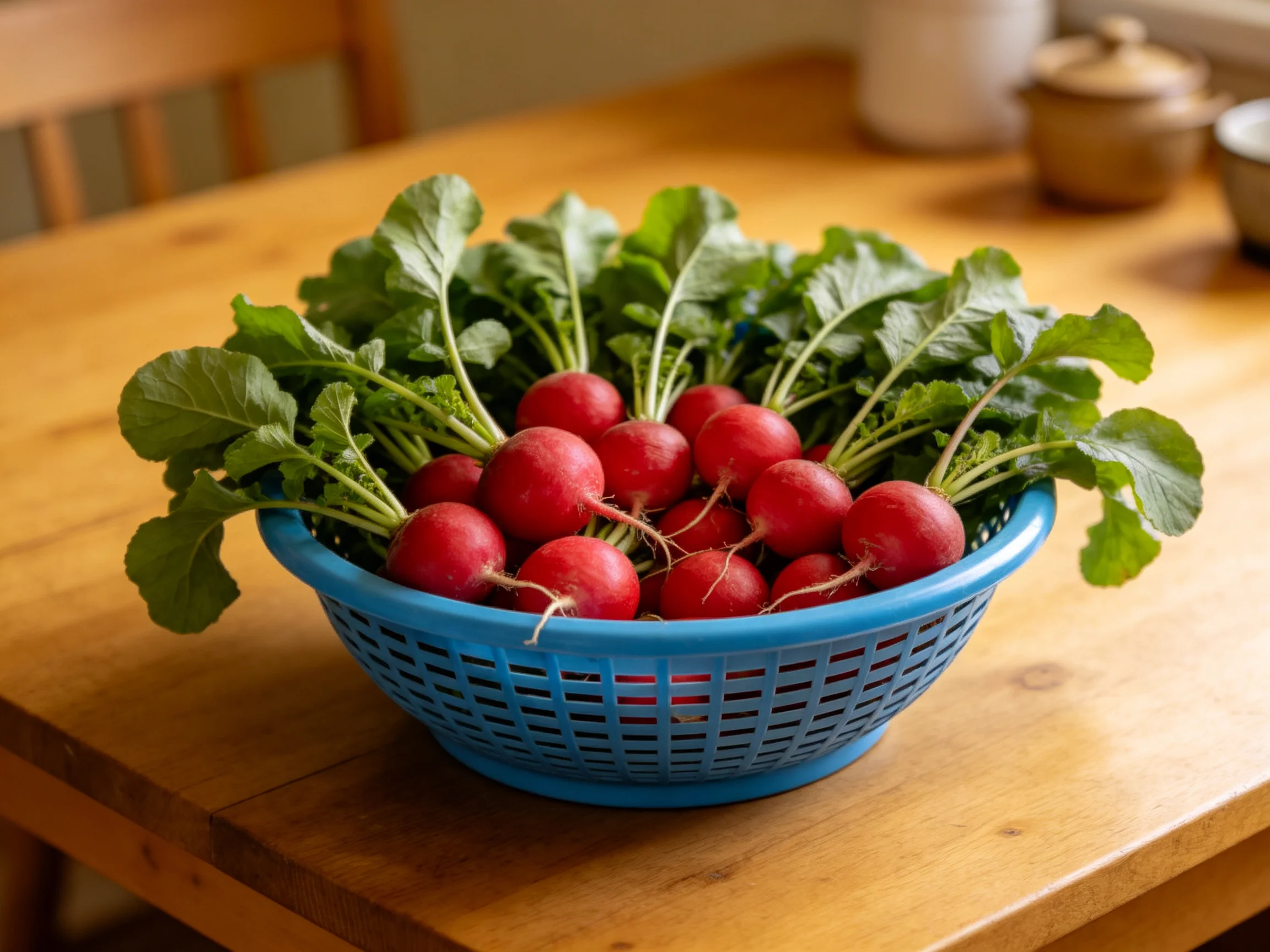 Fresh red radishes with green tops in blue basket on wooden table