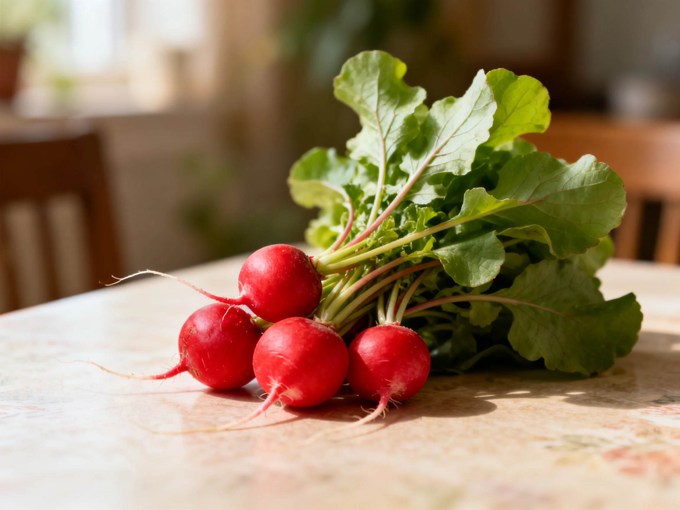 Fresh red radishes with vibrant green foliage arranged on a table