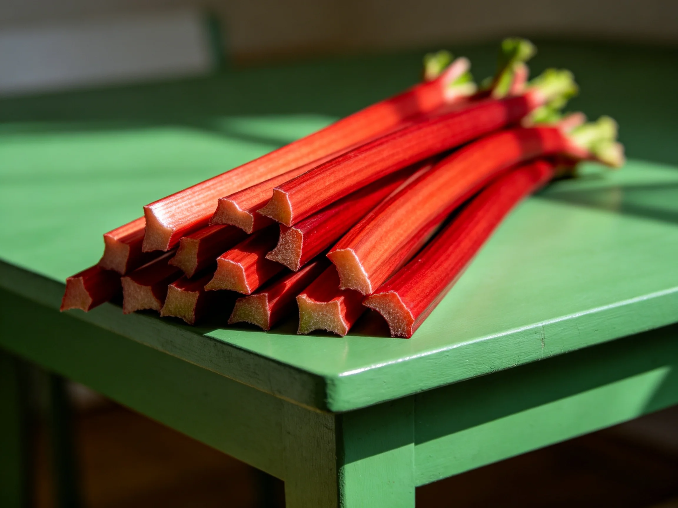 Fresh red rhubarb stalks arranged on a glossy green table