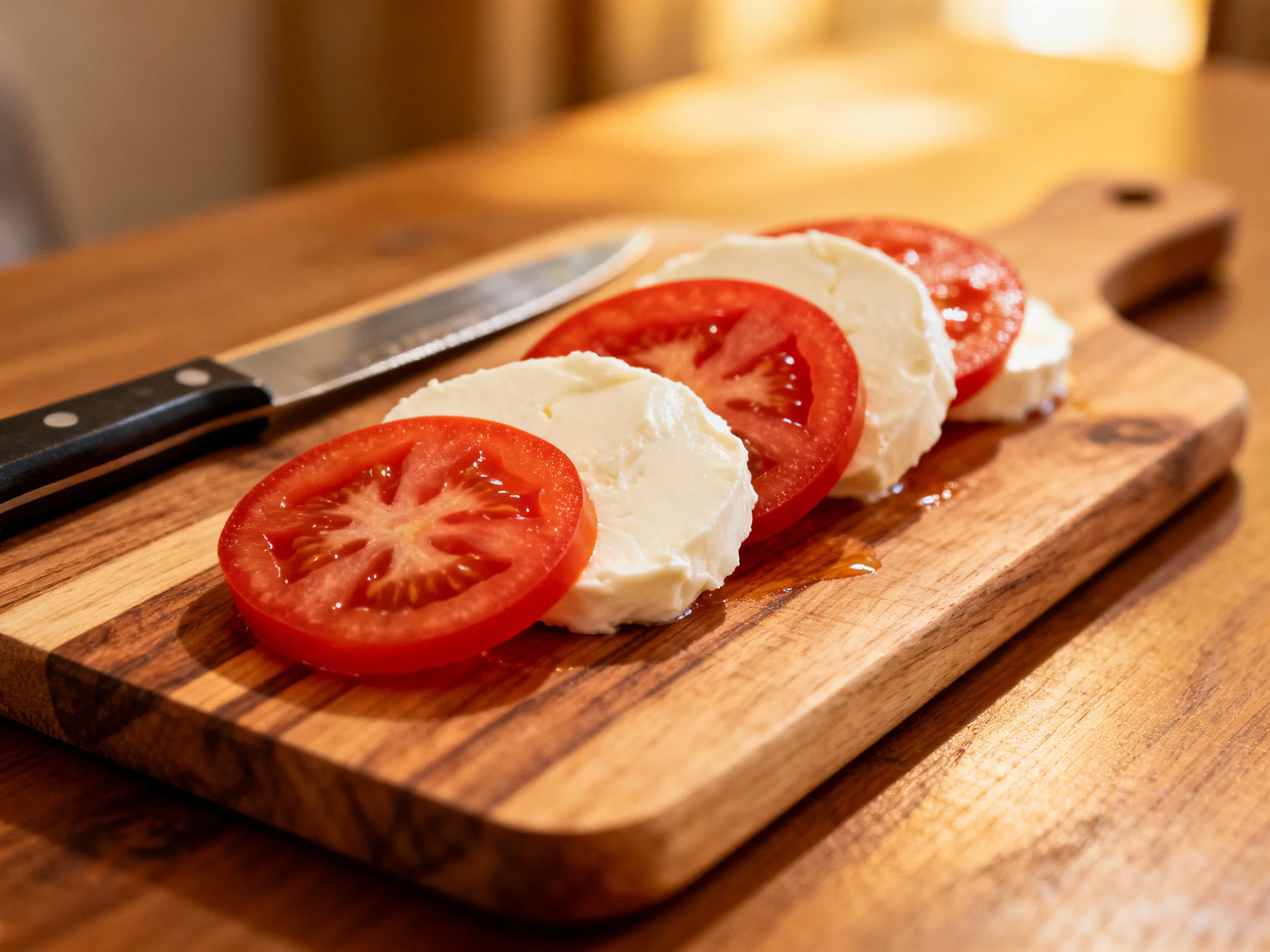 Fresh red tomato slices and creamy mozzarella on a wooden cutting board