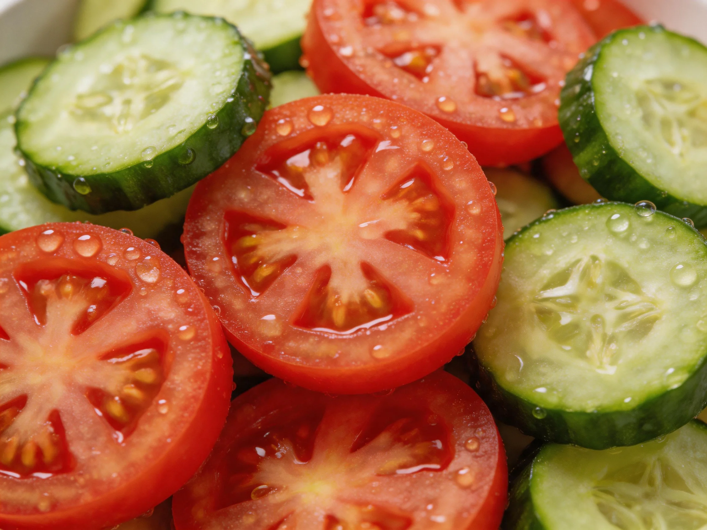 Fresh red tomato slices and green cucumber slices, glistening with moisture.
