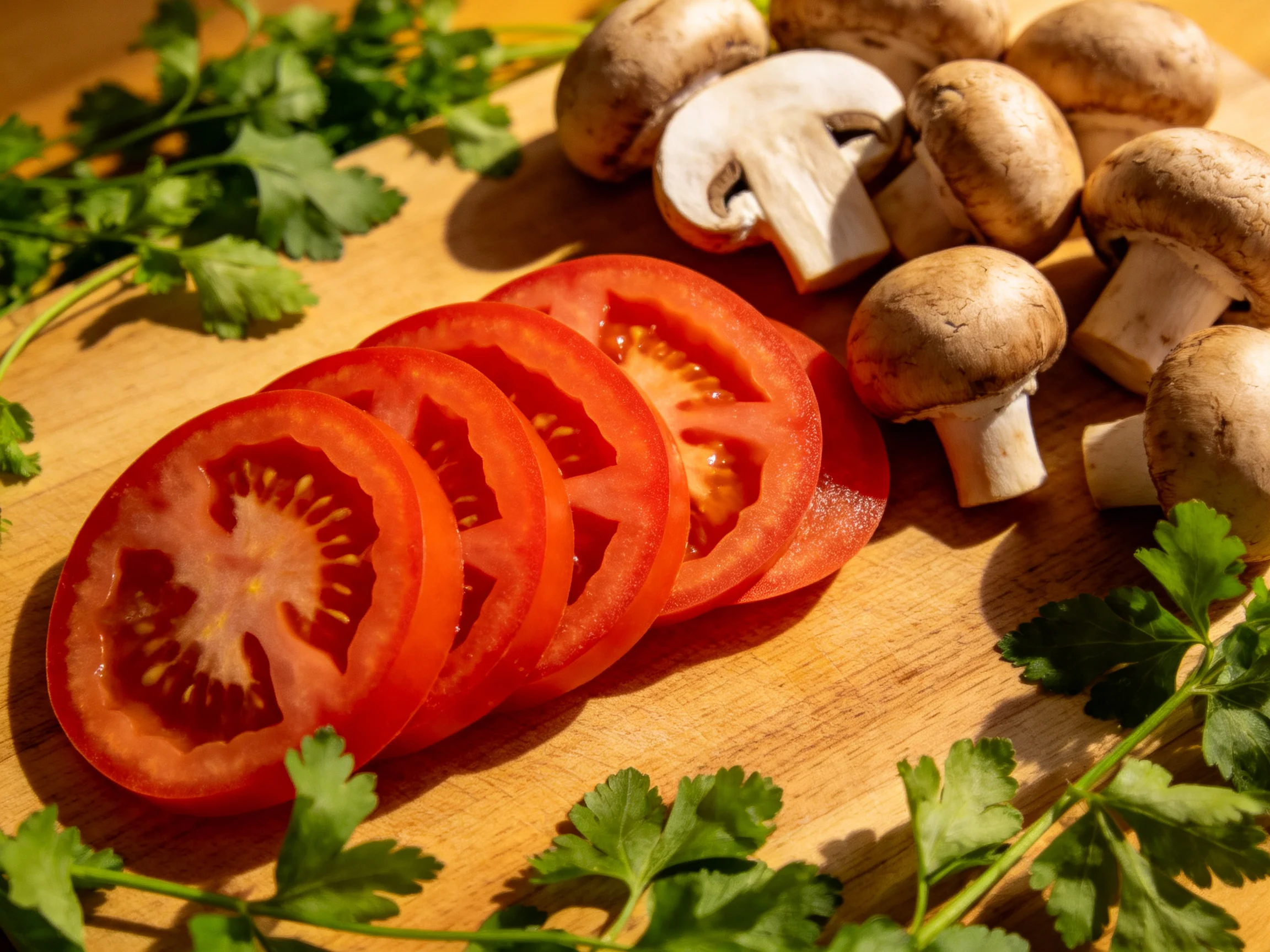 Fresh red tomato slices, whole brown mushrooms, and green herbs on a wooden cutting board