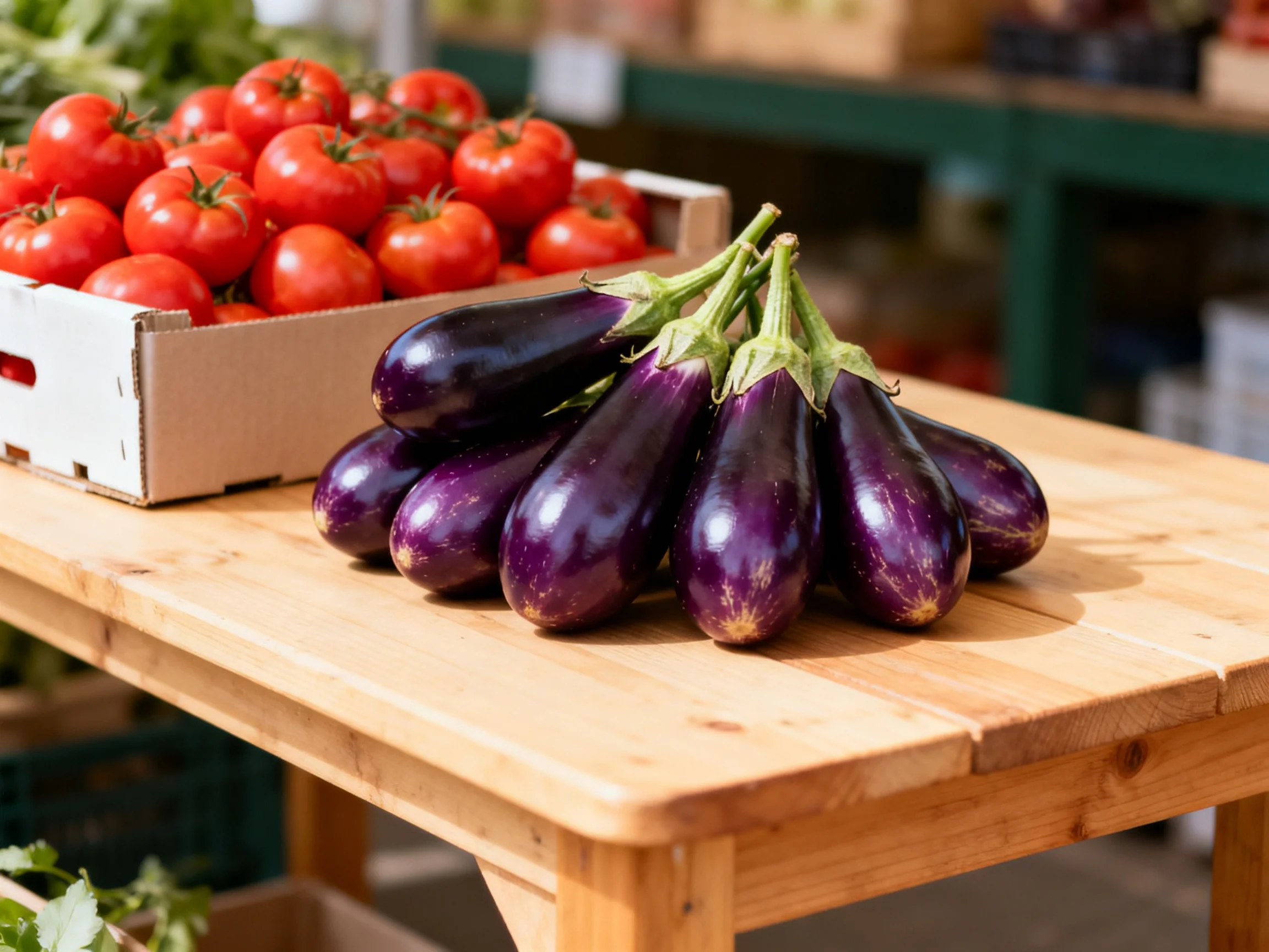 Fresh red tomatoes and deep purple eggplants arranged on a wooden market table