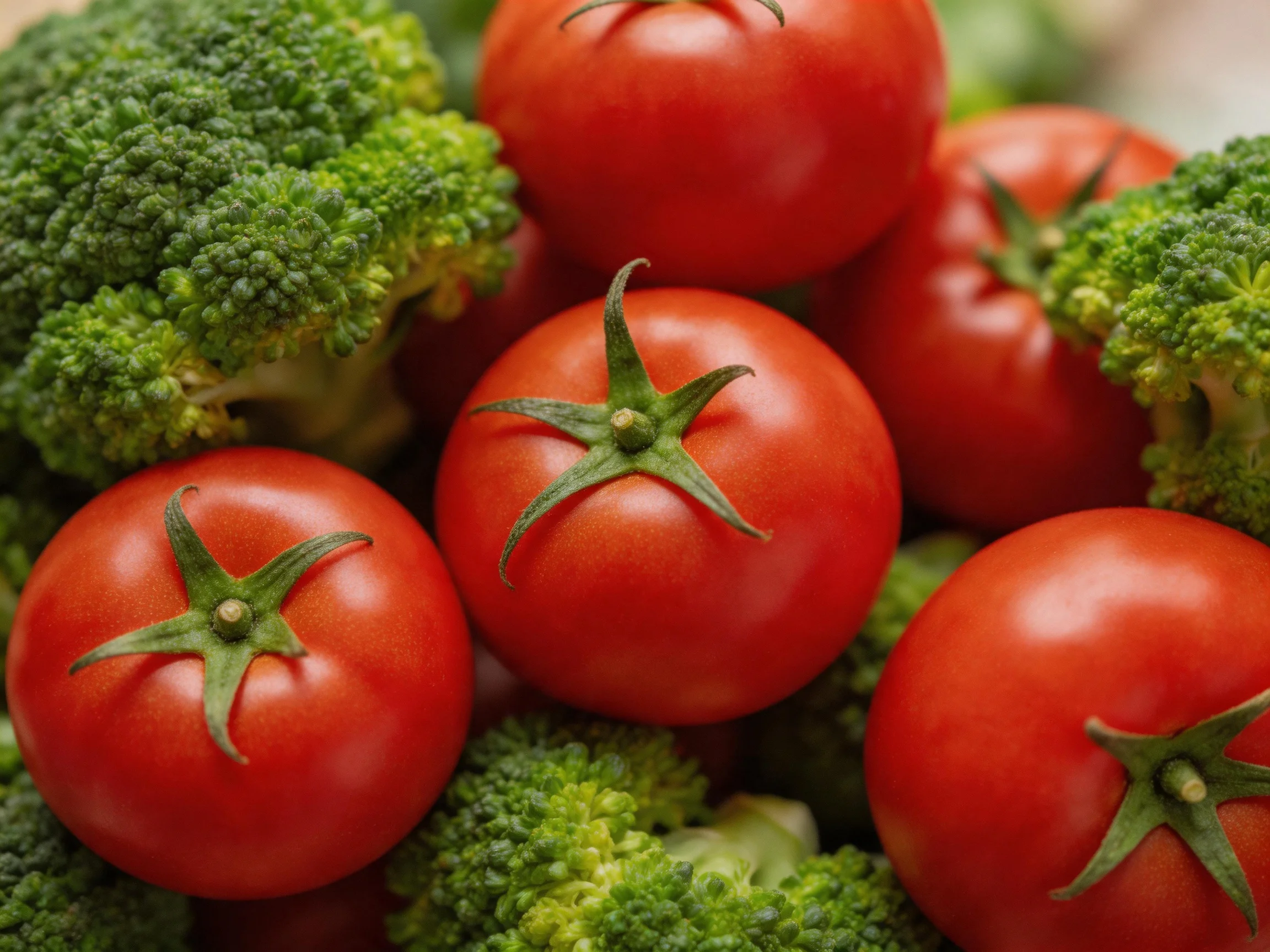 Fresh red tomatoes and vibrant green broccoli clustered together