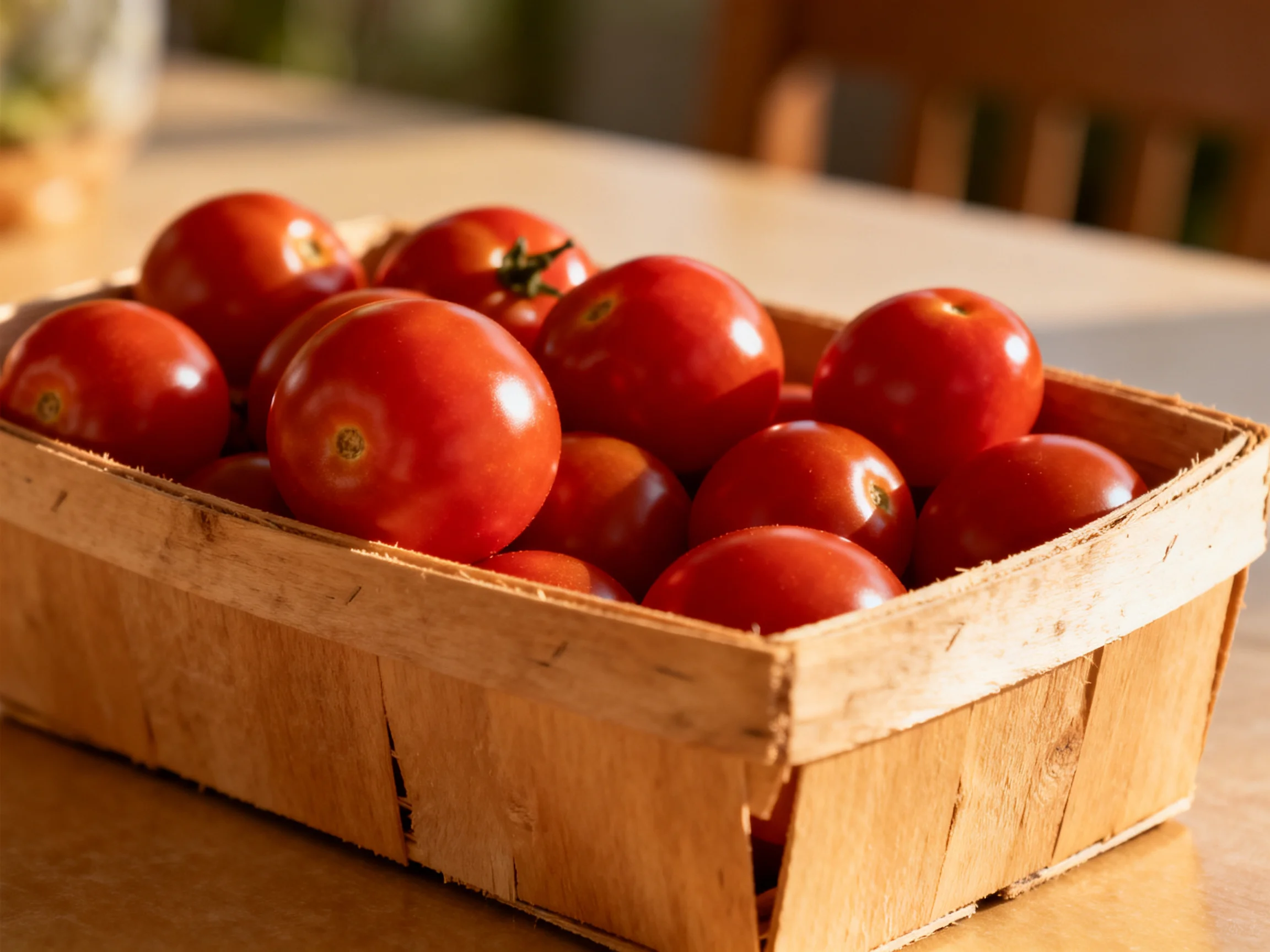 Fresh red tomatoes arranged in a rectangular wooden basket on a table