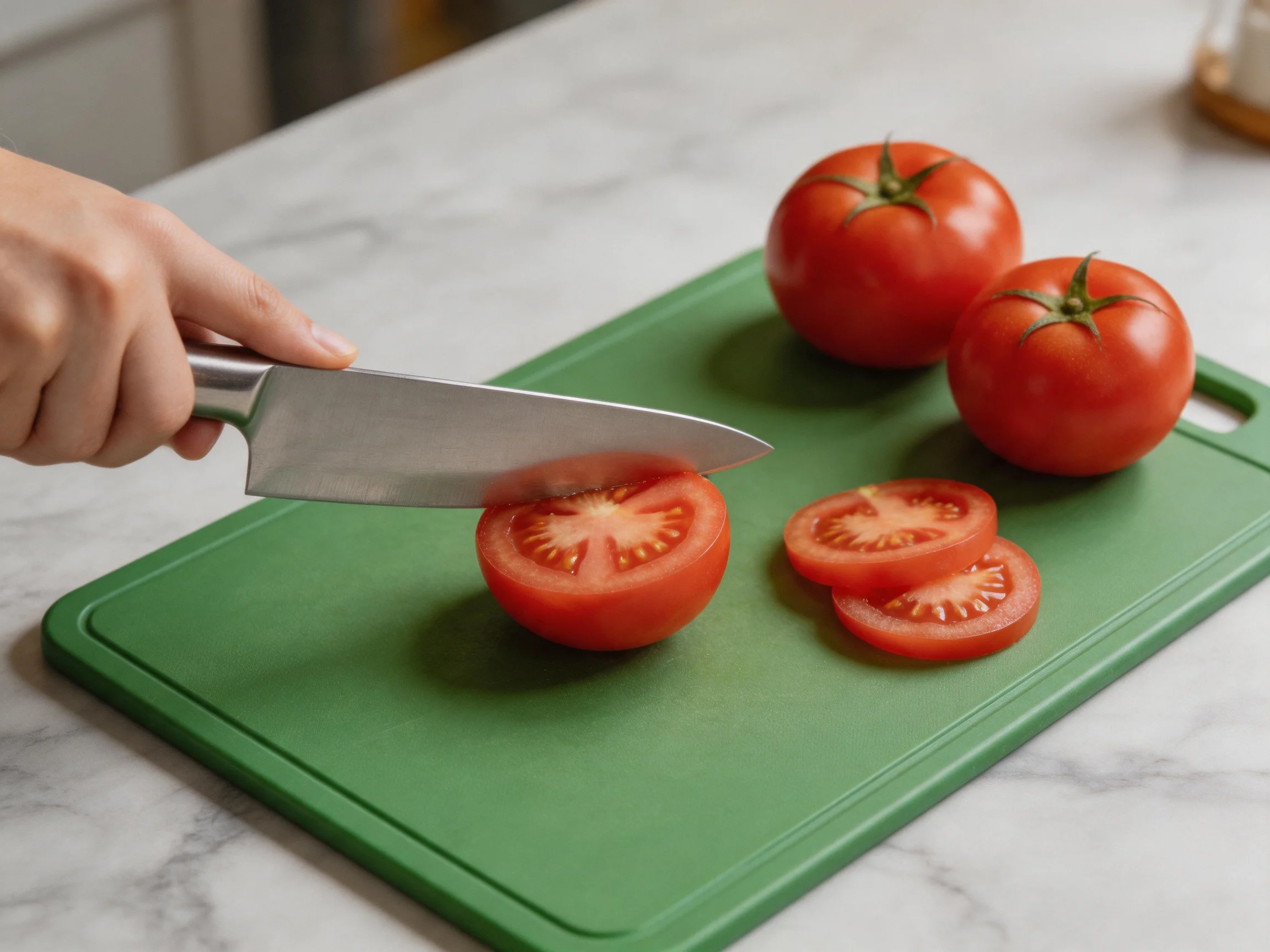 Fresh red tomatoes sliced on a green cutting board with a sharp knife