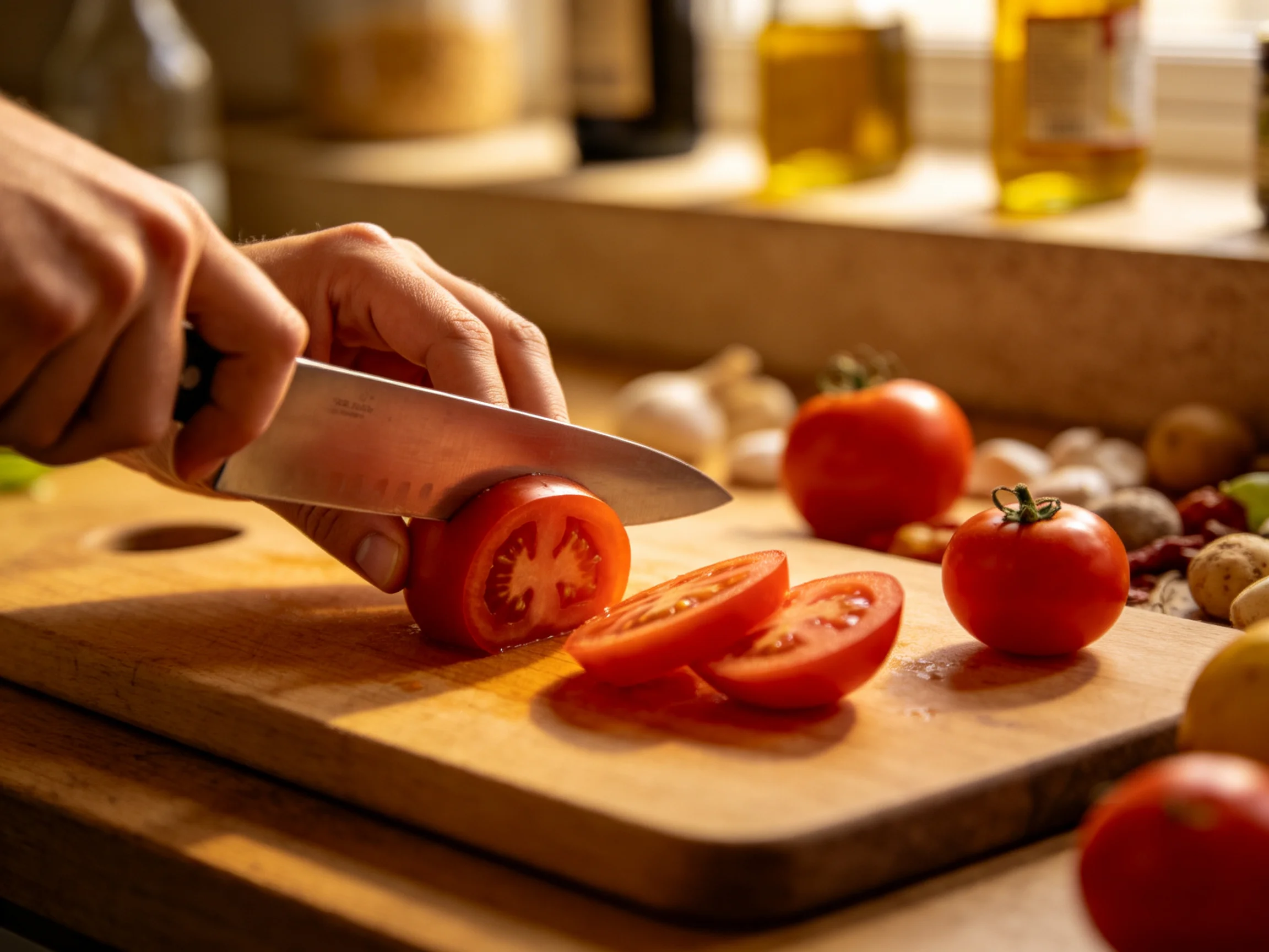 Fresh red tomatoes sliced on a wooden cutting board