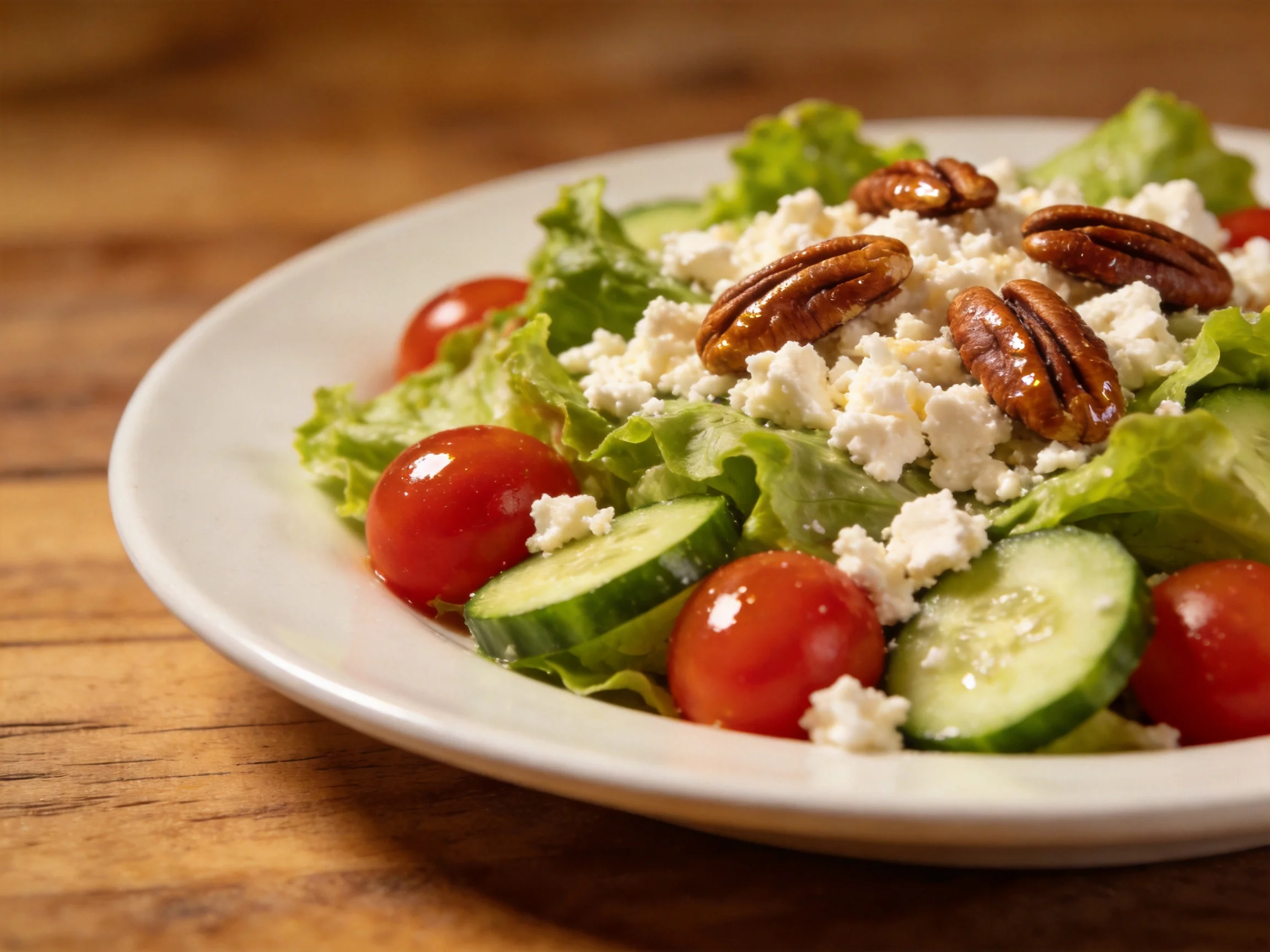 Fresh salad with mixed greens, cherry tomatoes, cucumber slices, crumbled cheese, and pecan halves